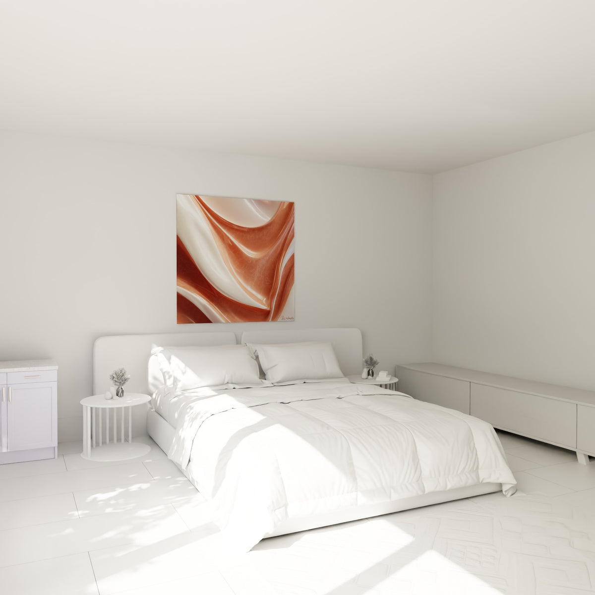 Vagues terracotta et blanches drapées au-dessus d'un lit dans une chambre claire