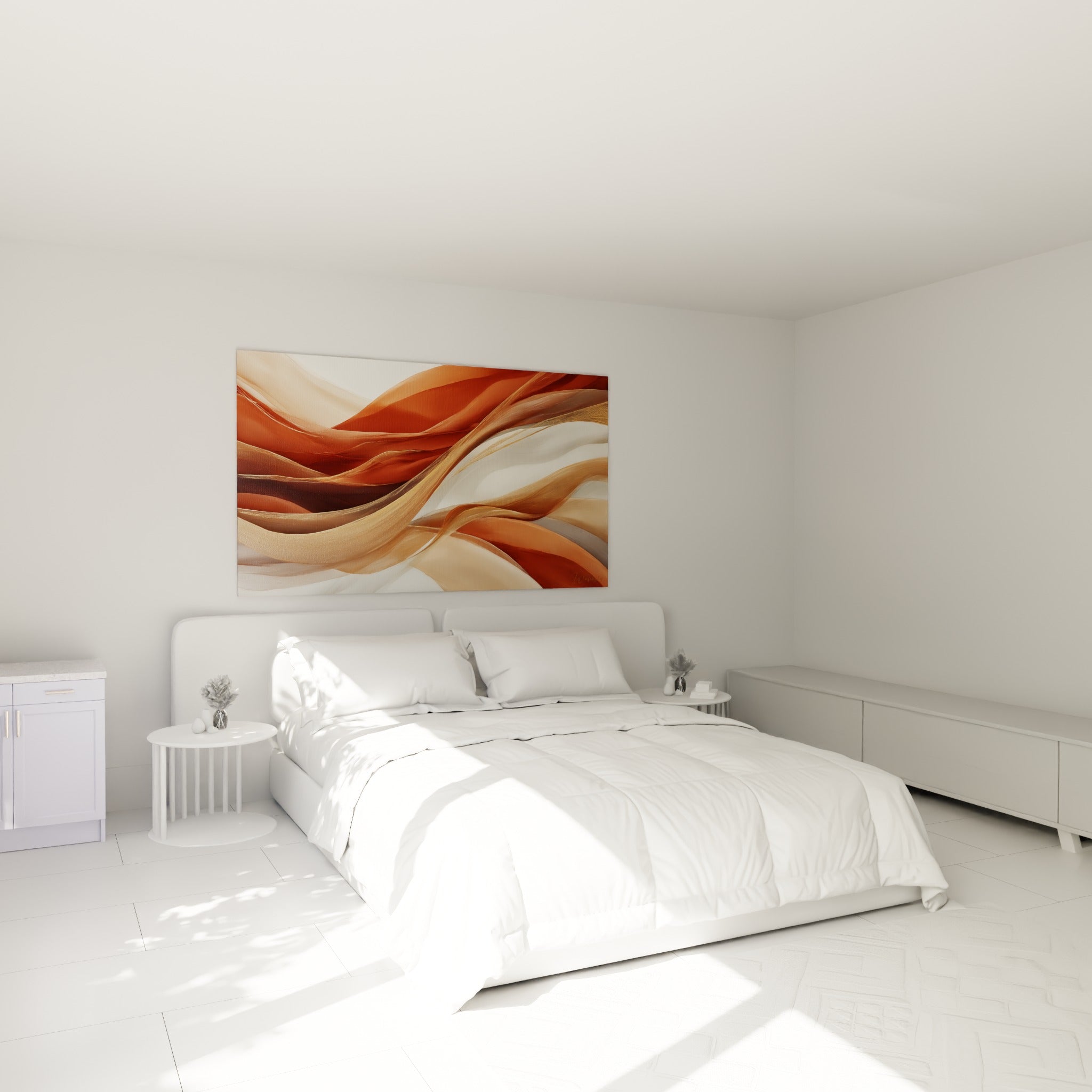 Courbes terracotta et brun profond traversant la toile, accrochées au-dessus d'un lit dans une chambre claire