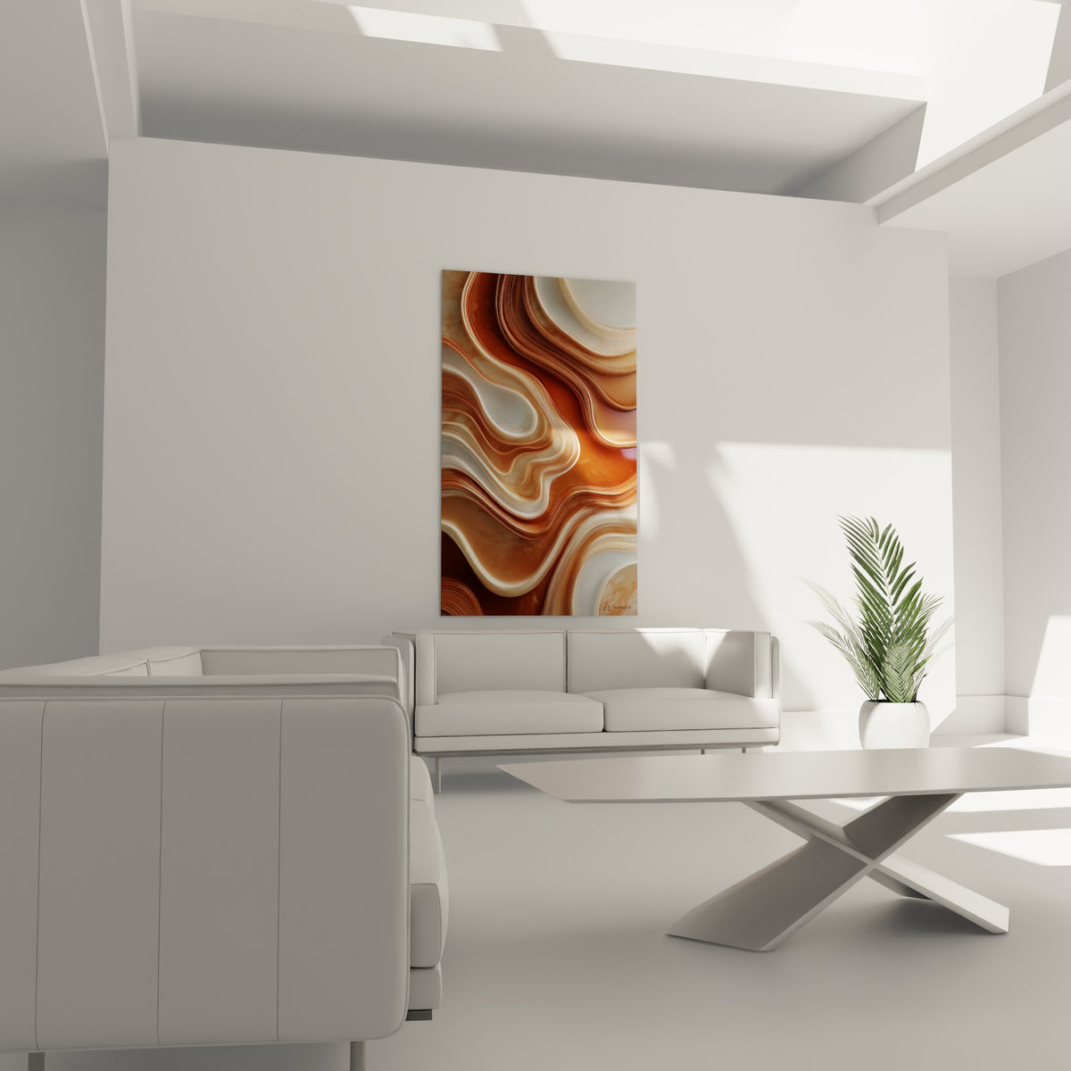 Vagues terracotta et blanches tissées en strates minérales au-dessus d'un canapé dans un salon lumineux.