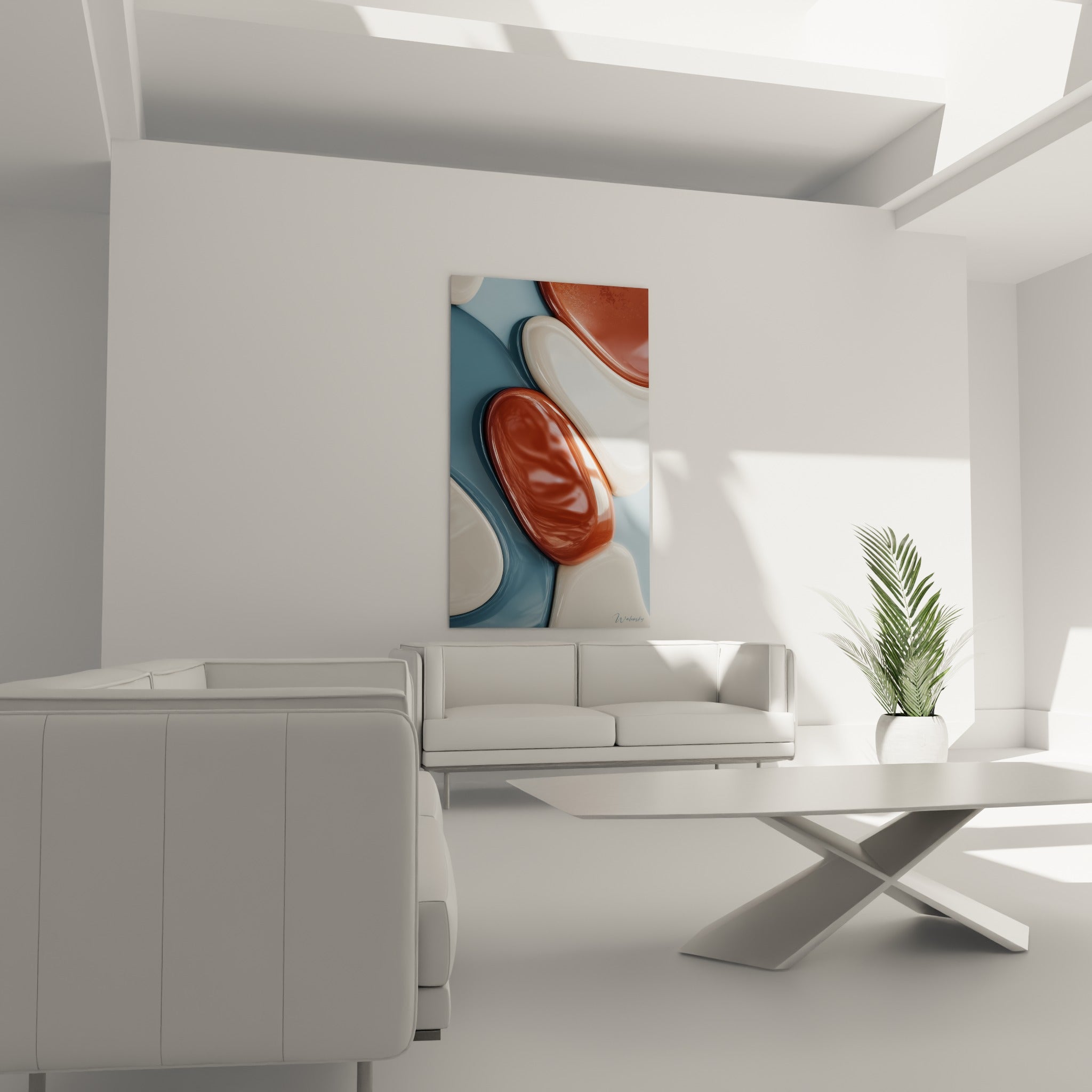 Courbes cuivrées et ivoire à l'aspect céramique disposées au-dessus d'un canapé dans un salon lumineux