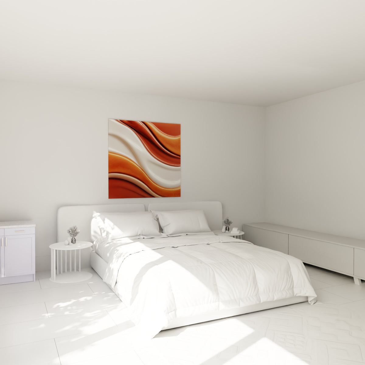 Courbes fluides terracotta et cuivrées au-dessus d'un lit dans une chambre claire
