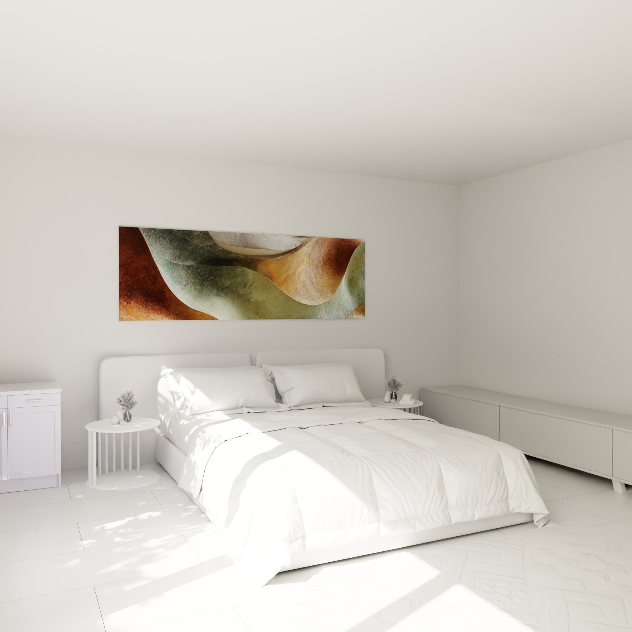 Courbes ocre et anthracite du tableau Terracotta placées au-dessus d'un lit dans une chambre claire