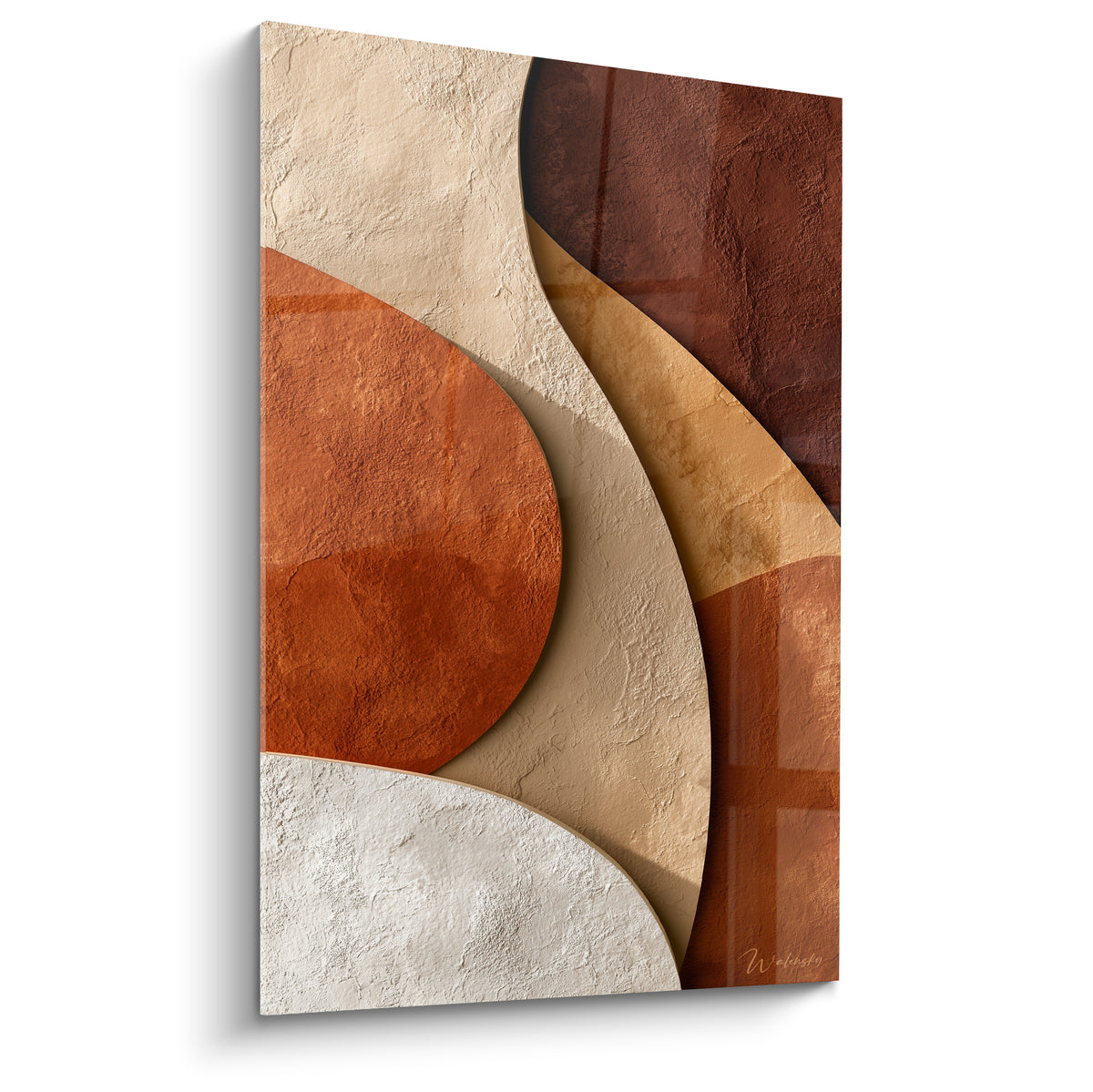 Composition abstraite Terracotta aux courbes orange, brun profond et beige texturé, effet minéral sculpté