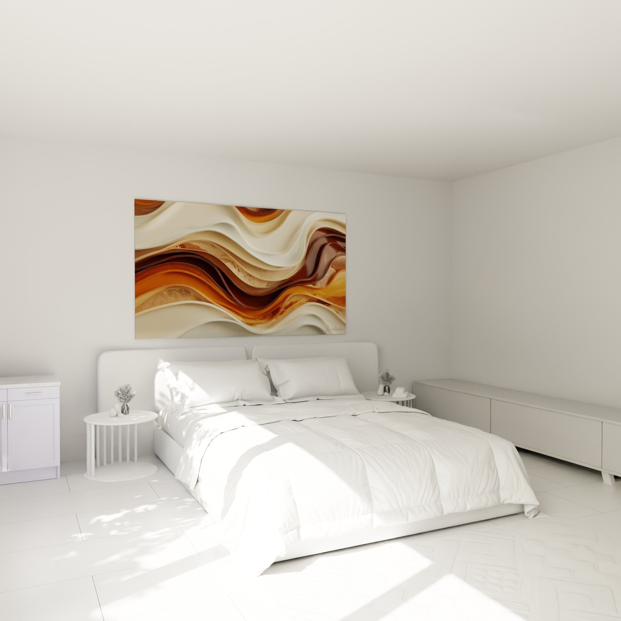 Courbes brunes et ivoire du tableau Terracotta suspendu au-dessus d'un lit dans une chambre claire