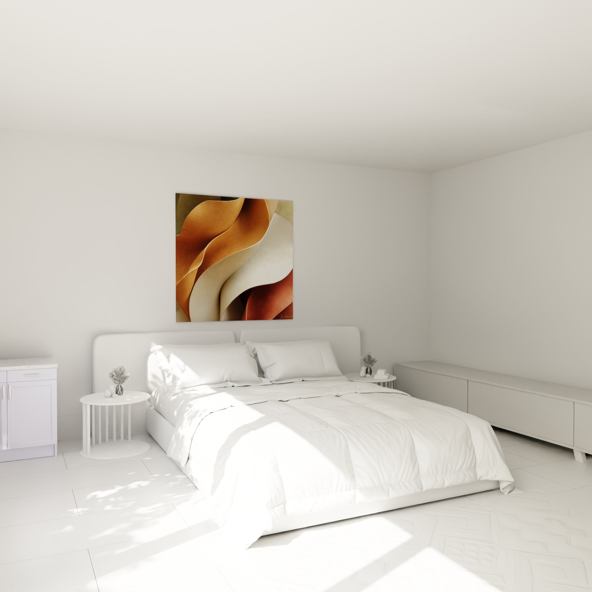 Courbes ocre et crème de Terracotta déployées au-dessus d'un lit dans une chambre claire