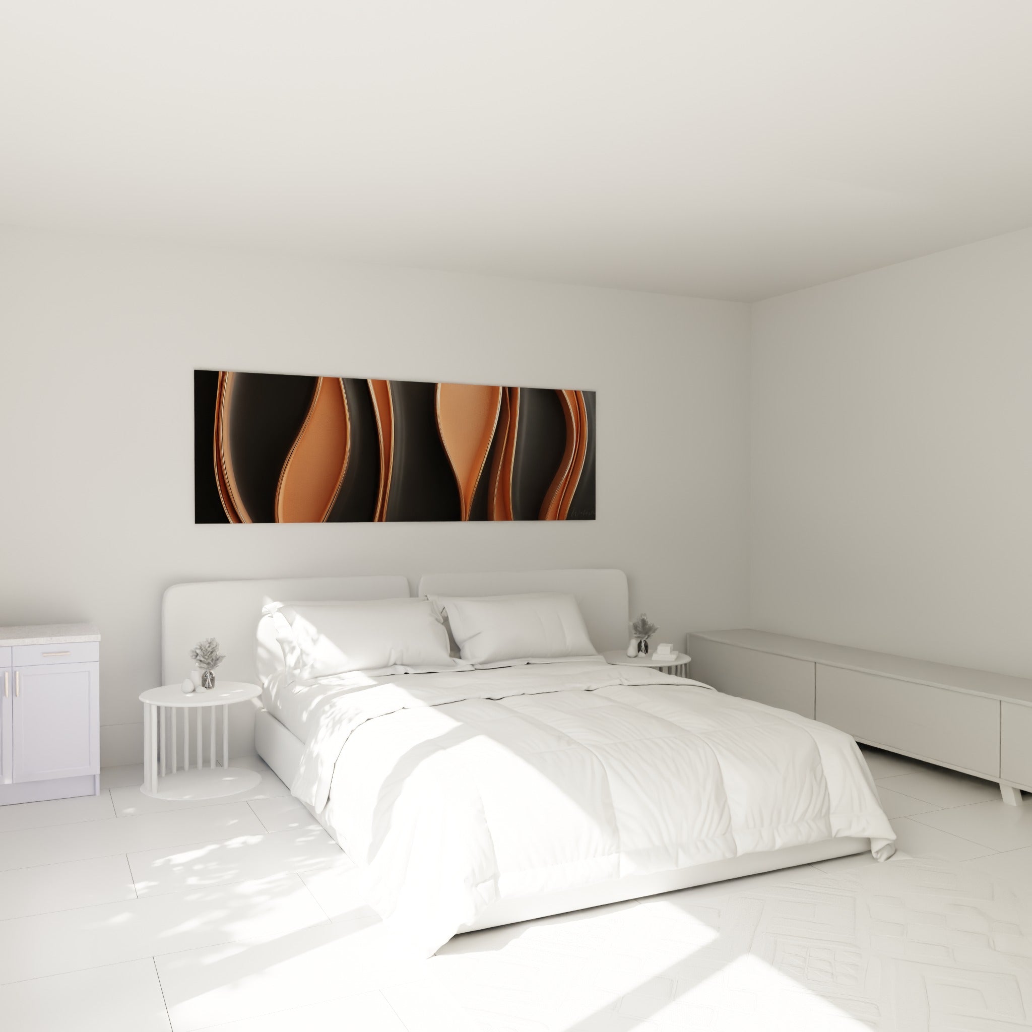 Formes ondulées cuivrées et anthracite composent ce tableau terracotta au-dessus d'un lit dans une chambre claire