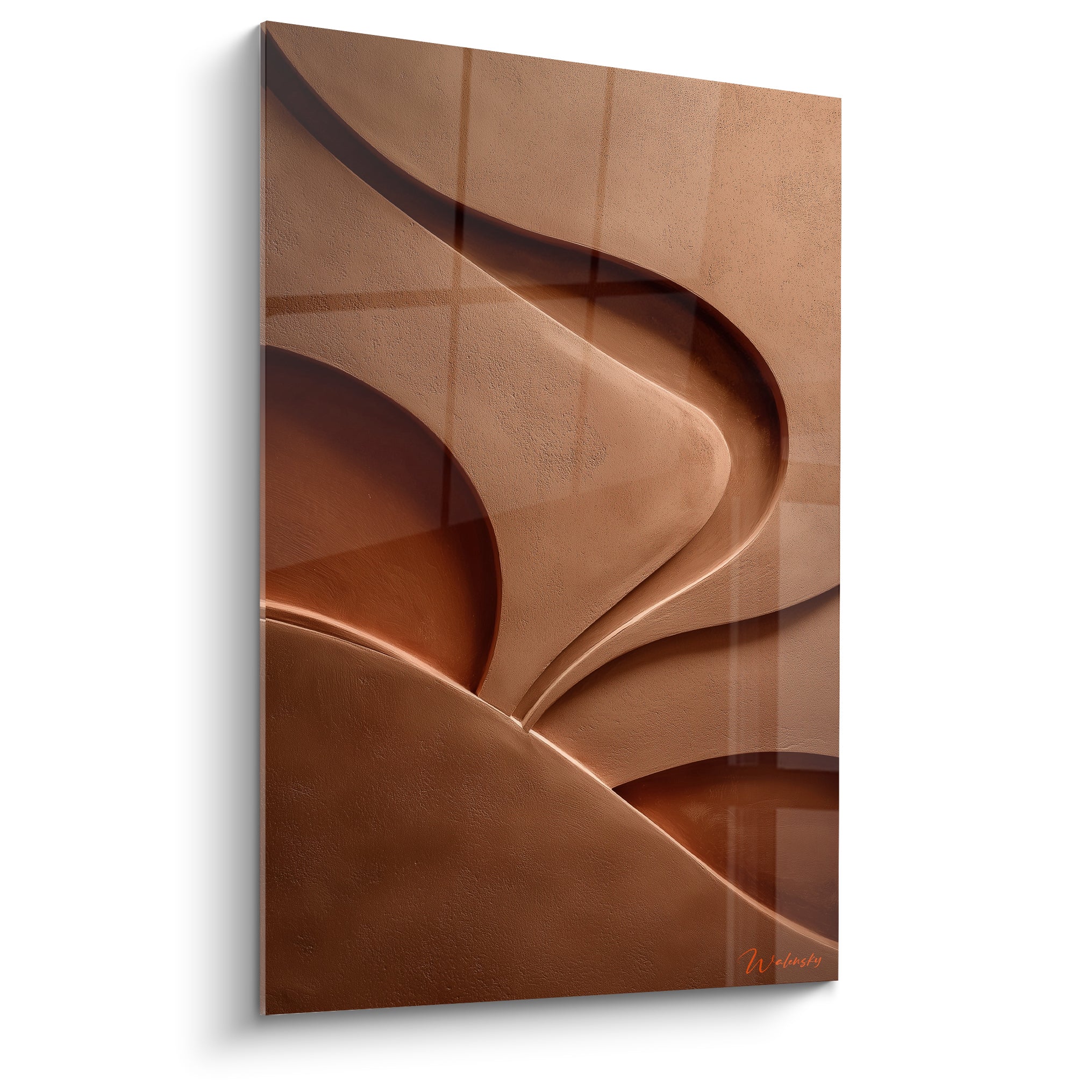Courbes sculptées terracotta et cuivre formant des vagues minérales en relief profond