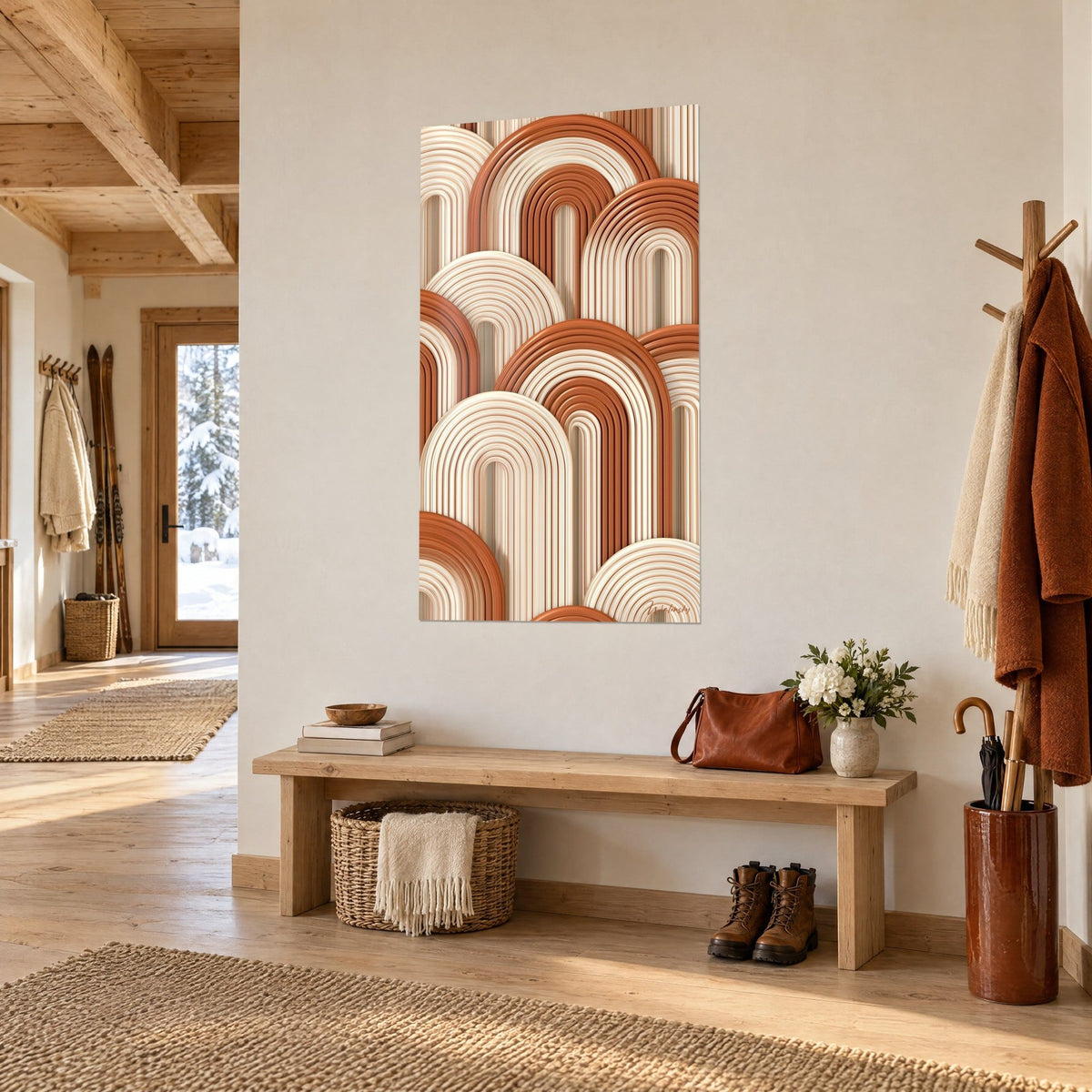 Schilderij met geribbelde halve cirkels in terracotta en ivoor, driekwartzicht in een chalet-entree van licht hout