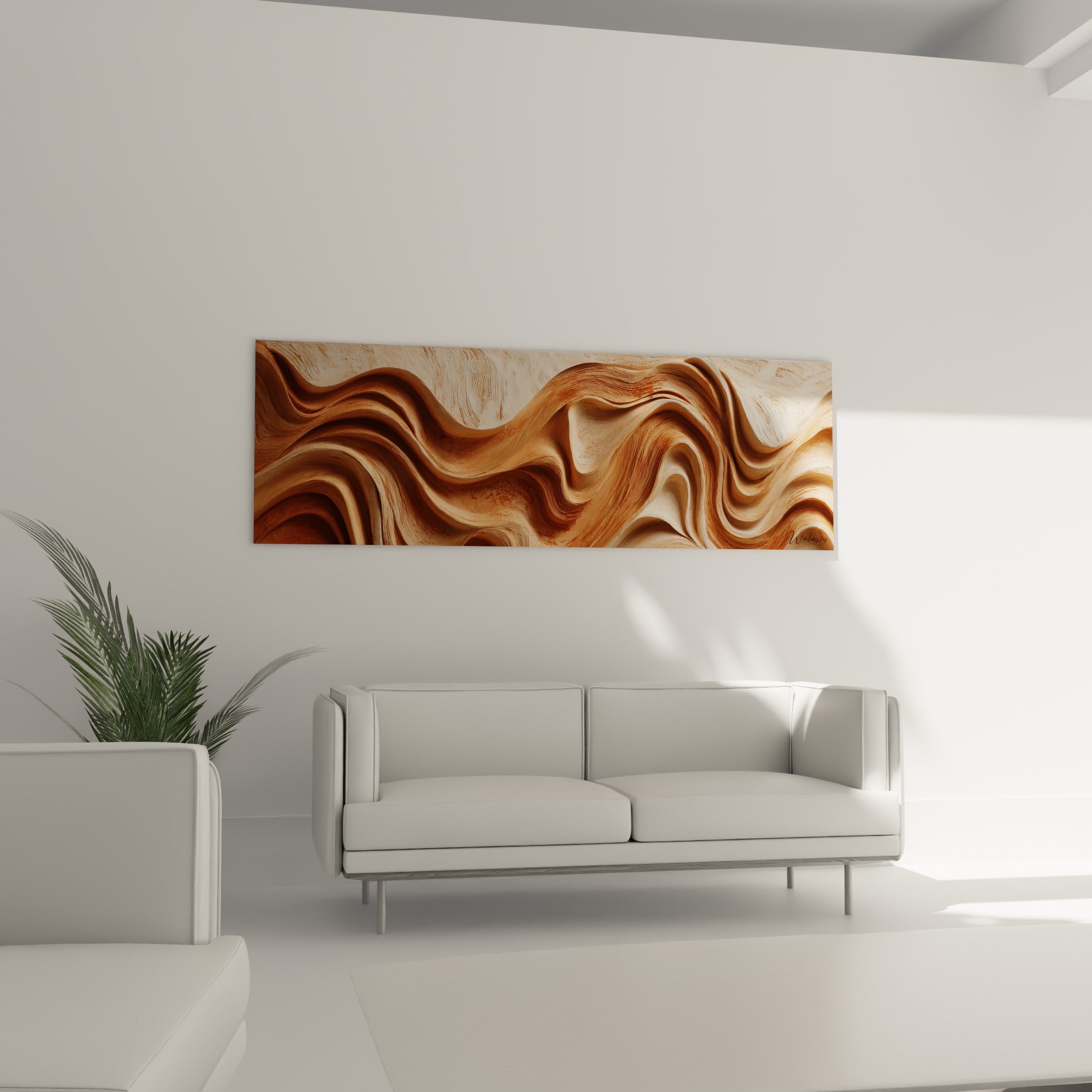 Courbes terracotta et beige façonnées en reliefs profonds, disposées au-dessus d'un canapé dans un salon lumineux.
