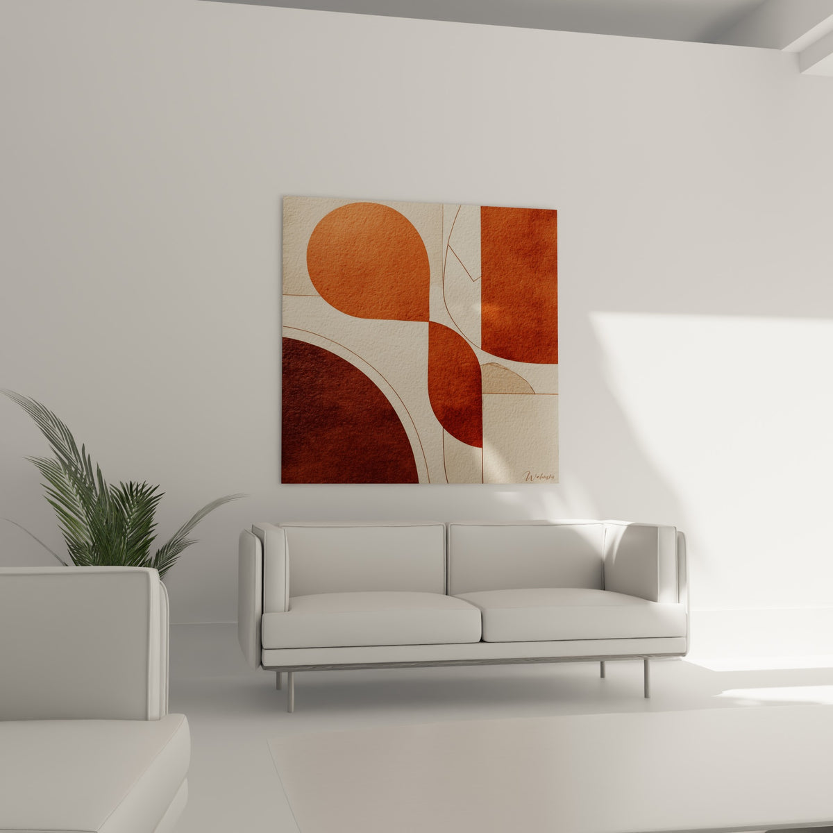 Courbes sinueuses terracotta et bandeau brique vertical, disposées au-dessus d'un canapé dans un salon lumineux