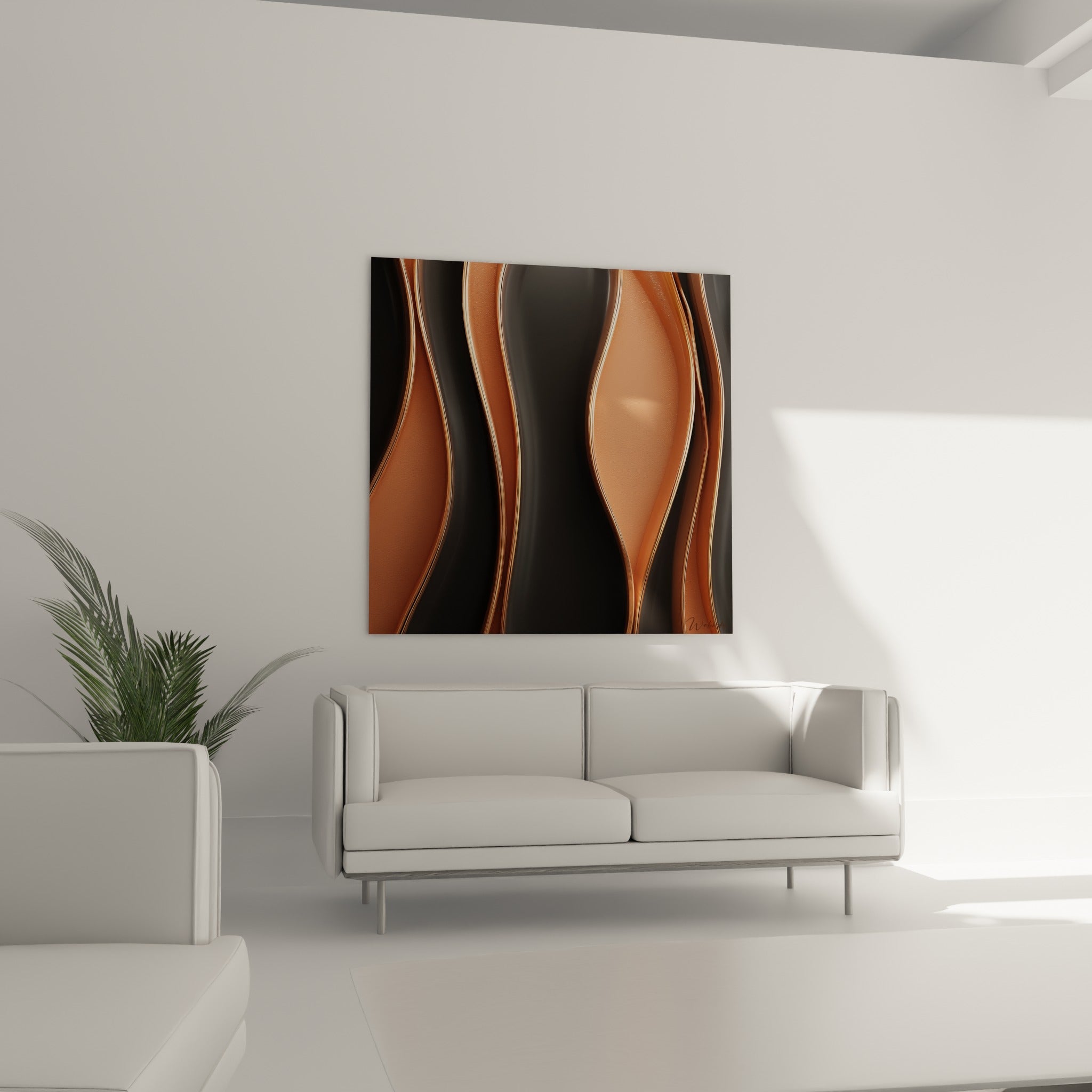 Lignes cuivrées et sombres entrelacées, tableau abstrait placé au-dessus d'un canapé dans un salon lumineux