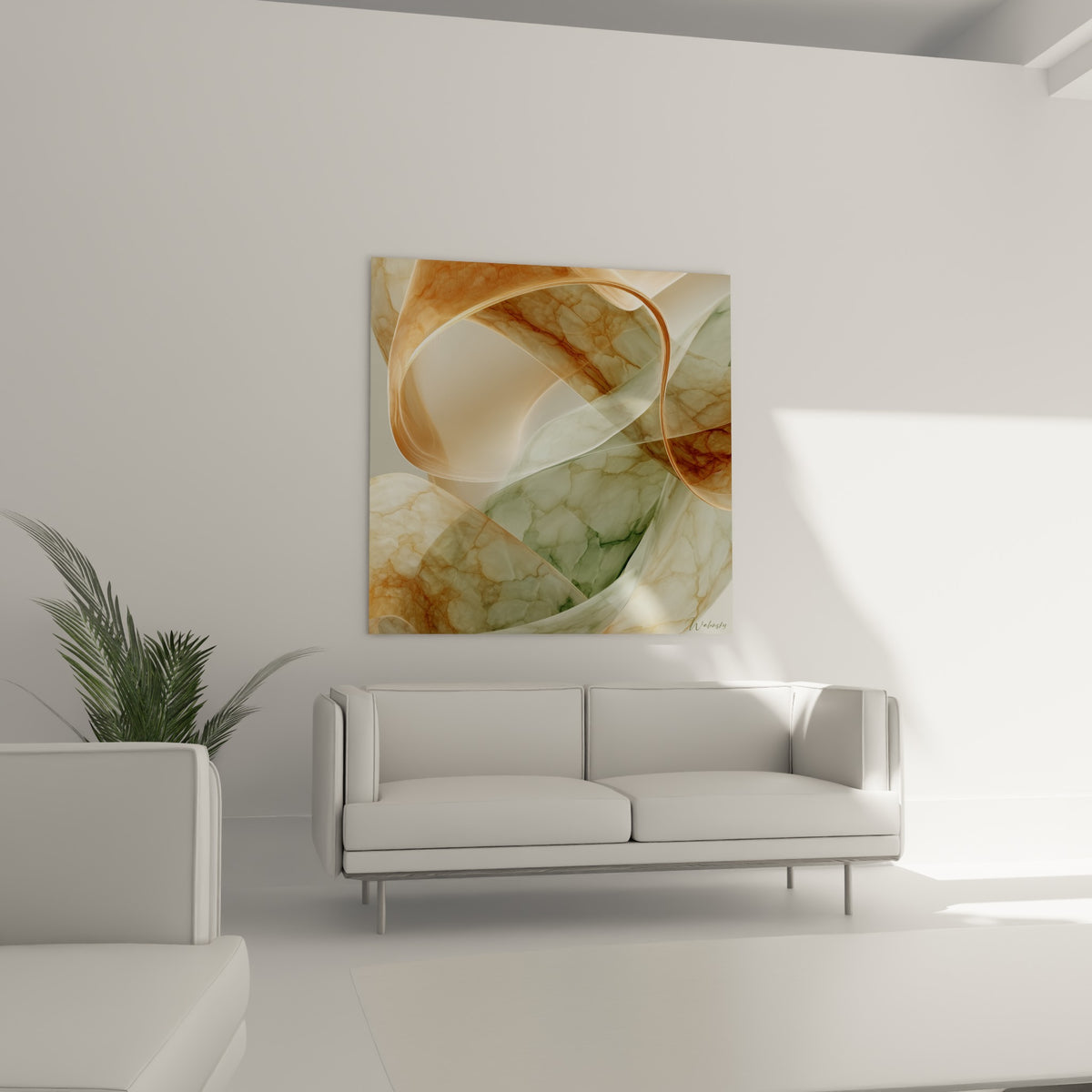Courbes translucides ocre et vert de ce tableau Terracotta suspendues au-dessus d'un canapé dans un salon lumineux