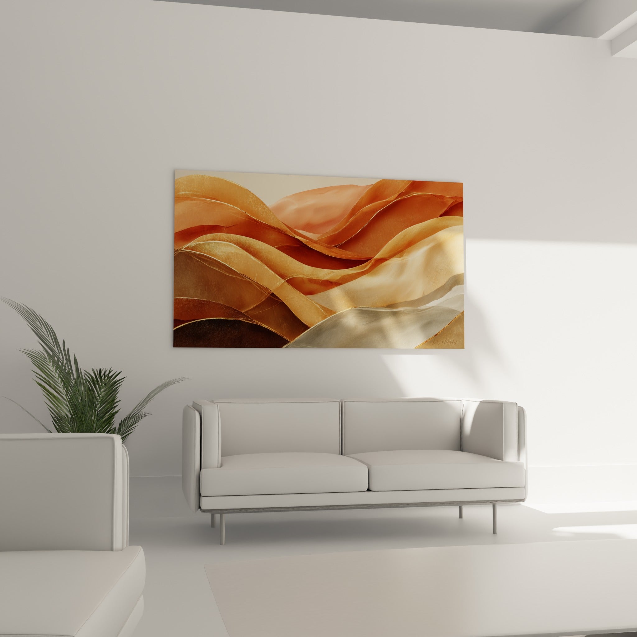 Dégradés cuivrés et ocre en mouvement fluide au-dessus d'un canapé dans un salon lumineux
