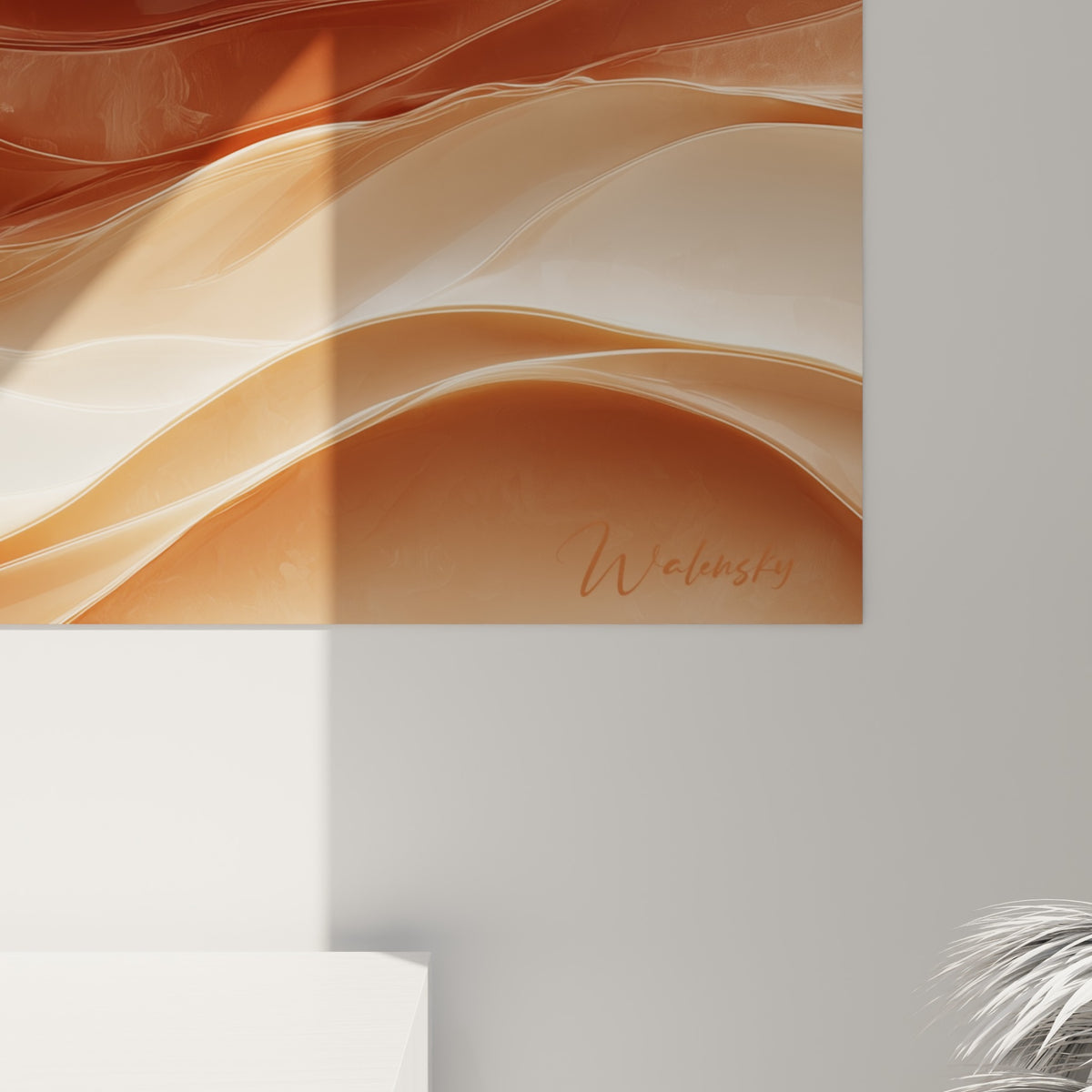 Grain satiné des vagues terracotta et ivoire, détail rapproché montrant les fines lignes de la matière