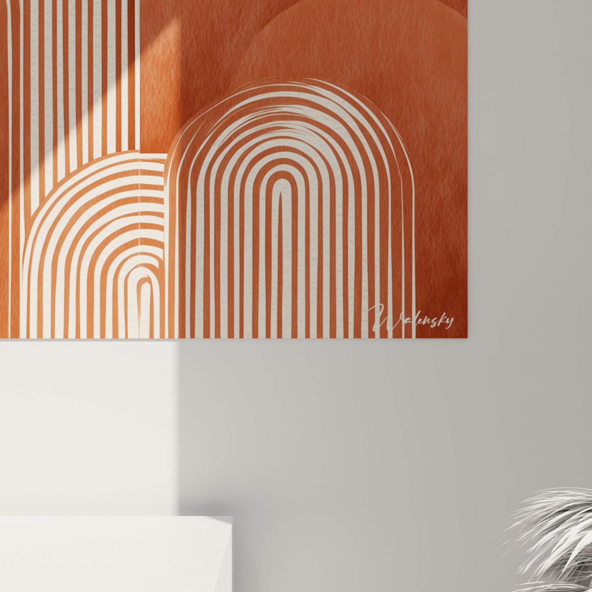 Détail des rayures concentriques brique et ivoire révélant le grain texturé de l'impression sur toile