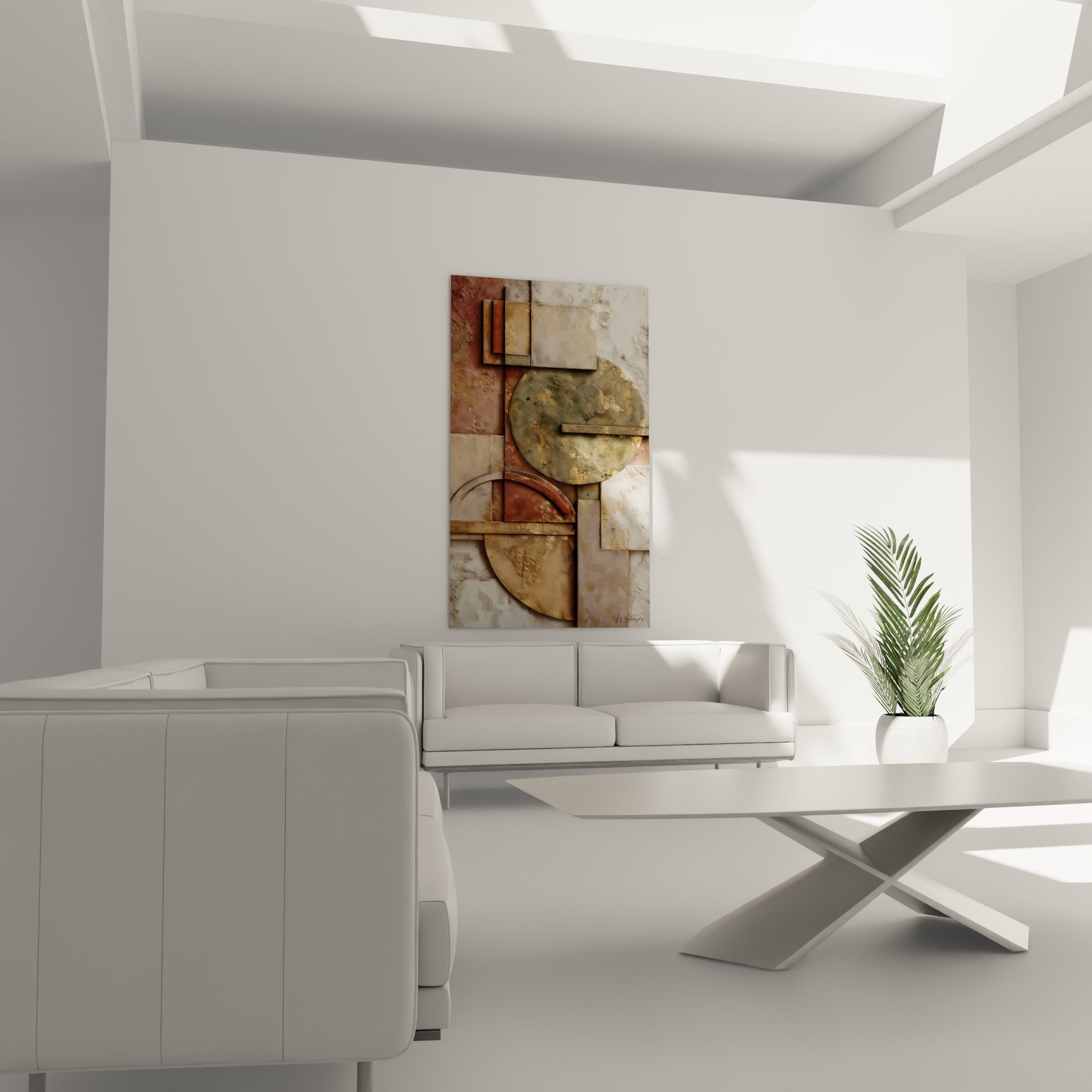 Terracotta aux cercles dorés et beige rosé surplombe un canapé dans un salon lumineux