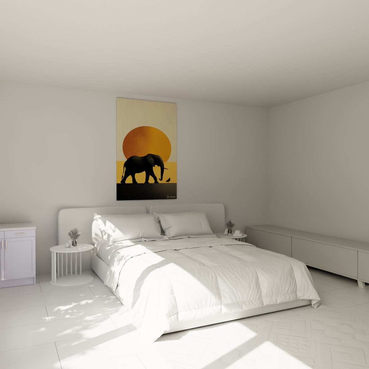 Silhouette d'éléphant noir et soleil terracotta, accrochée au-dessus d'un lit dans une chambre claire