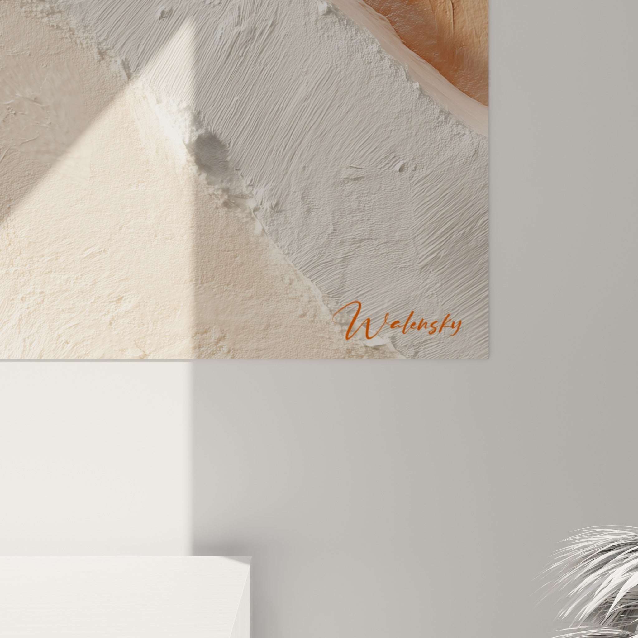 Empâtements et striures visibles entre le blanc crème et le terracotta, grain épais de la matière