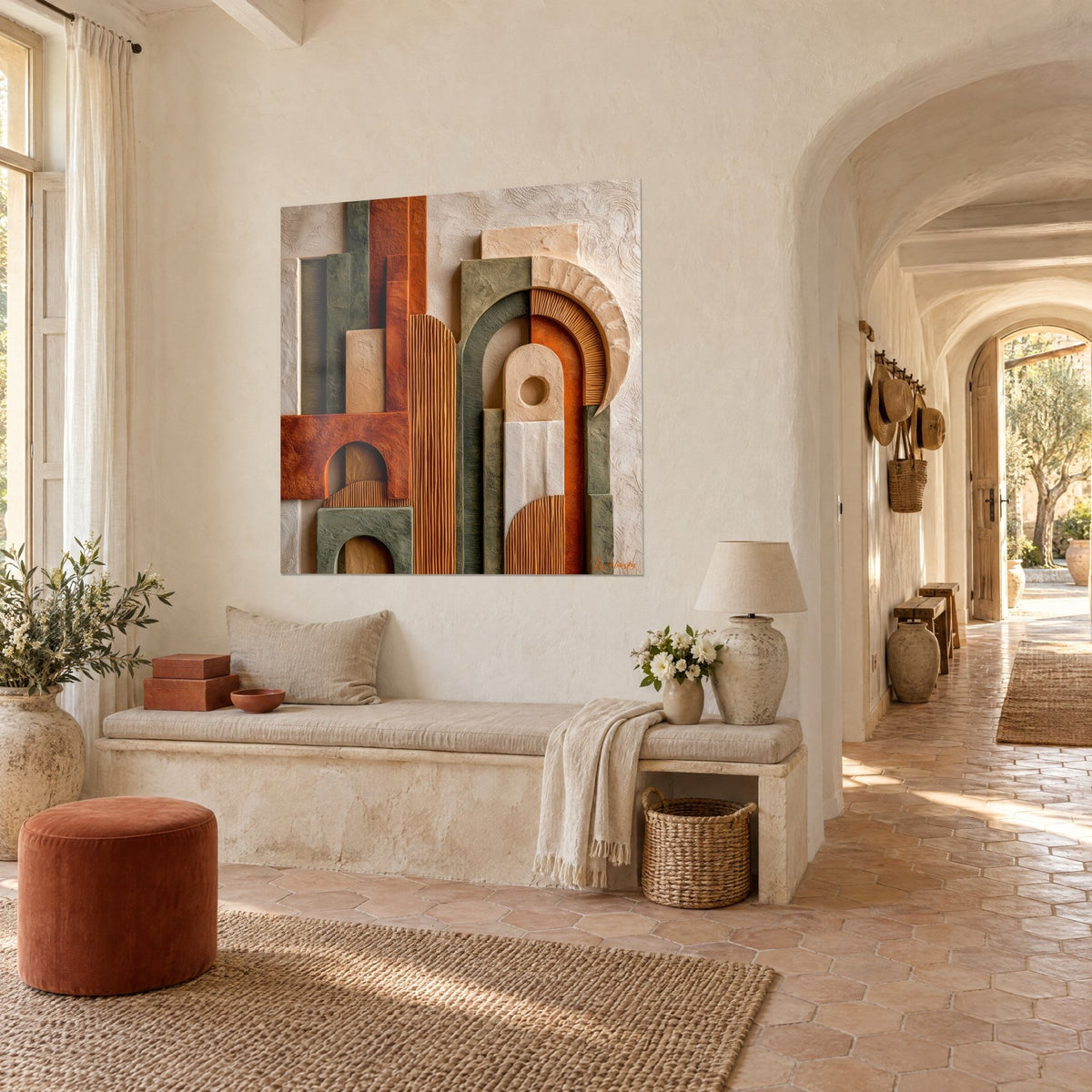Wall art with a mosaic of arches in burnt orange and sage green stucco, fluted gold bands, vaulted hallway of a Provençal farmhouse