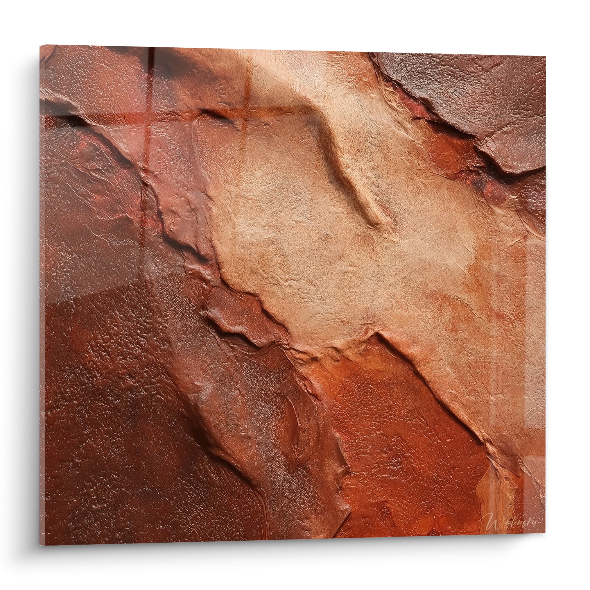 Faille minérale terracotta et beige aux crevasses profondes, texture rocheuse sculptée sur toile carrée.