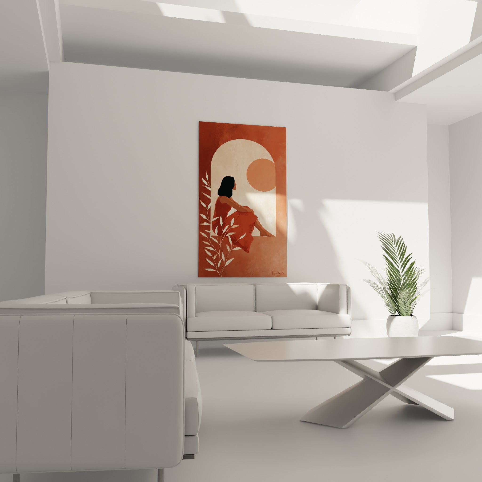 Silhouette contemplative aux tons terracotta et crème, au-dessus d'un canapé dans un salon lumineux