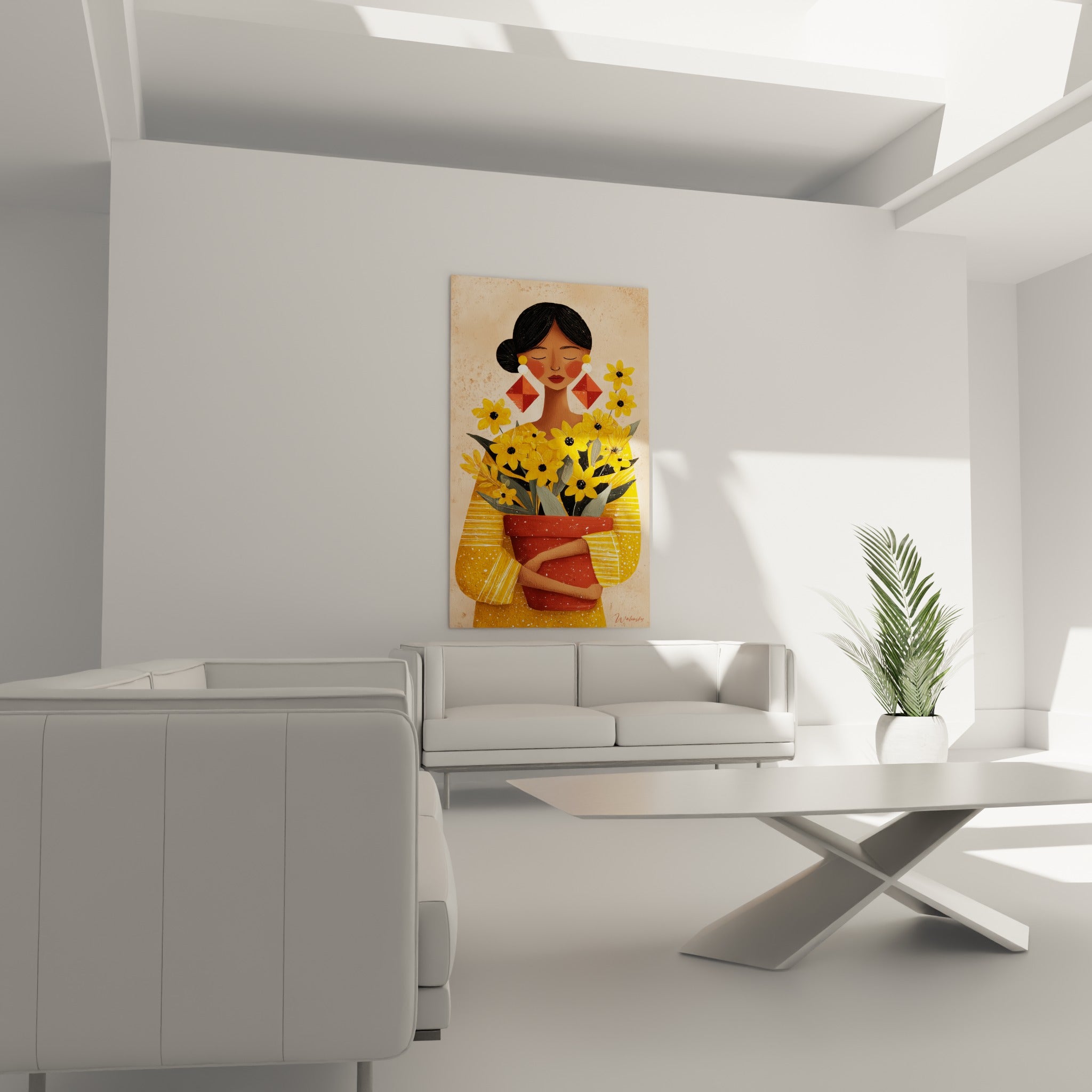 Silhouette sereine tenant un pot terracotta de fleurs jaunes, disposée au-dessus d'un canapé dans un salon lumineux