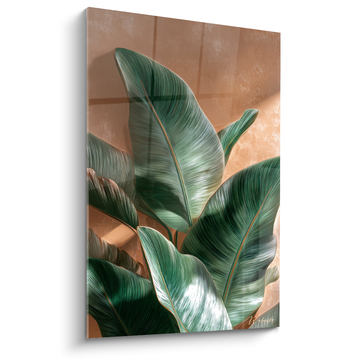Feuilles vertes striées se déploient sur fond ocre et terracotta texturé, lumière chaude et douce