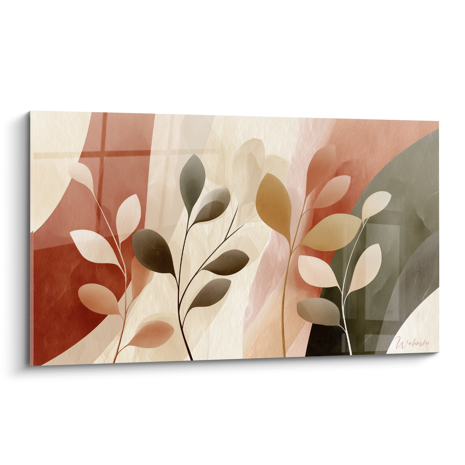 Quatre tiges de feuillages terracotta, ocre et anthracite sur fond texturé beige et rosé
