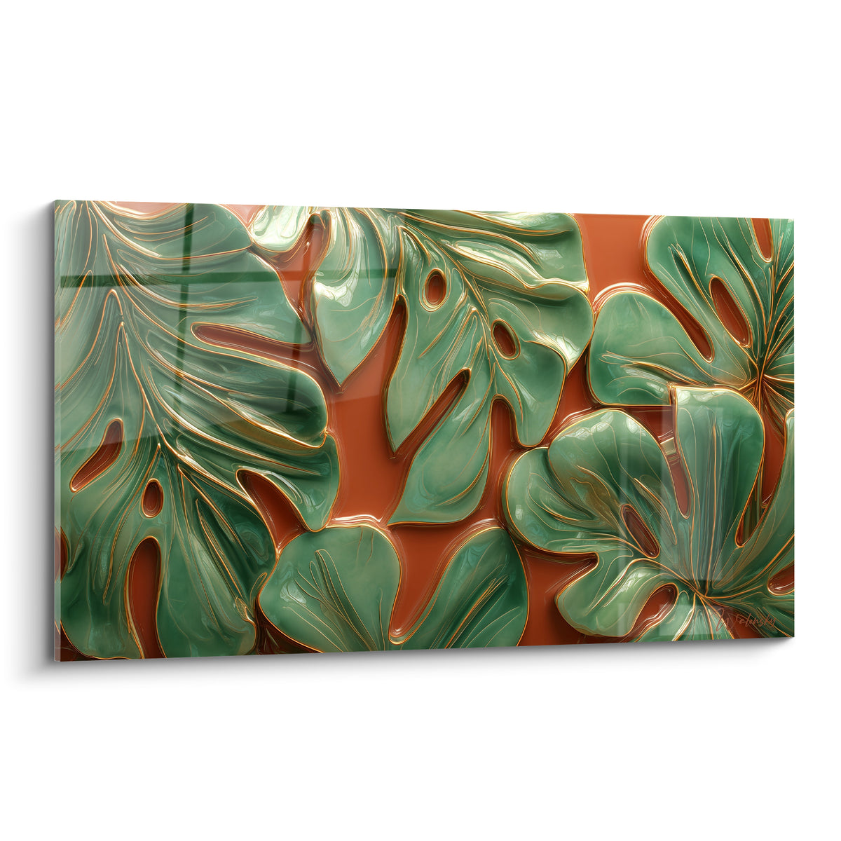 Feuilles de monstera vert émeraude et terracotta aux nervures dorées, composition murale émaillée