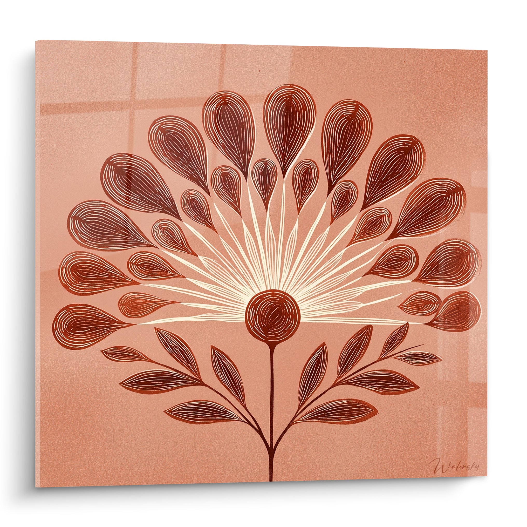Fleur graphique terracotta et crème aux pétales rayonnants sur fond rose poudré, style gravure