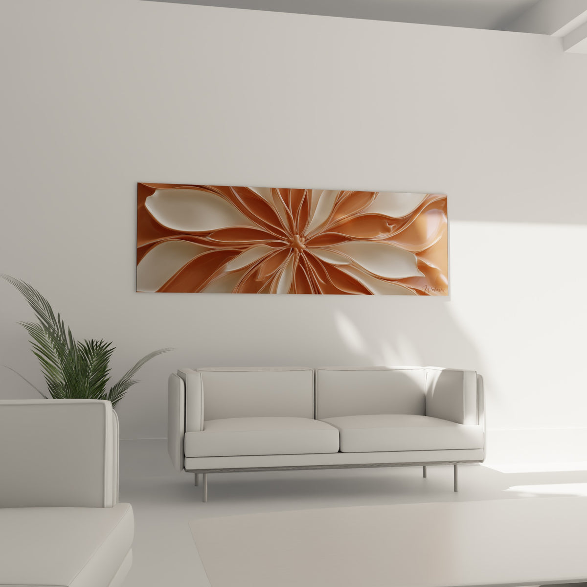 Courbes florales terracotta et blanc cassé accrochées au-dessus d'un canapé dans un salon lumineux