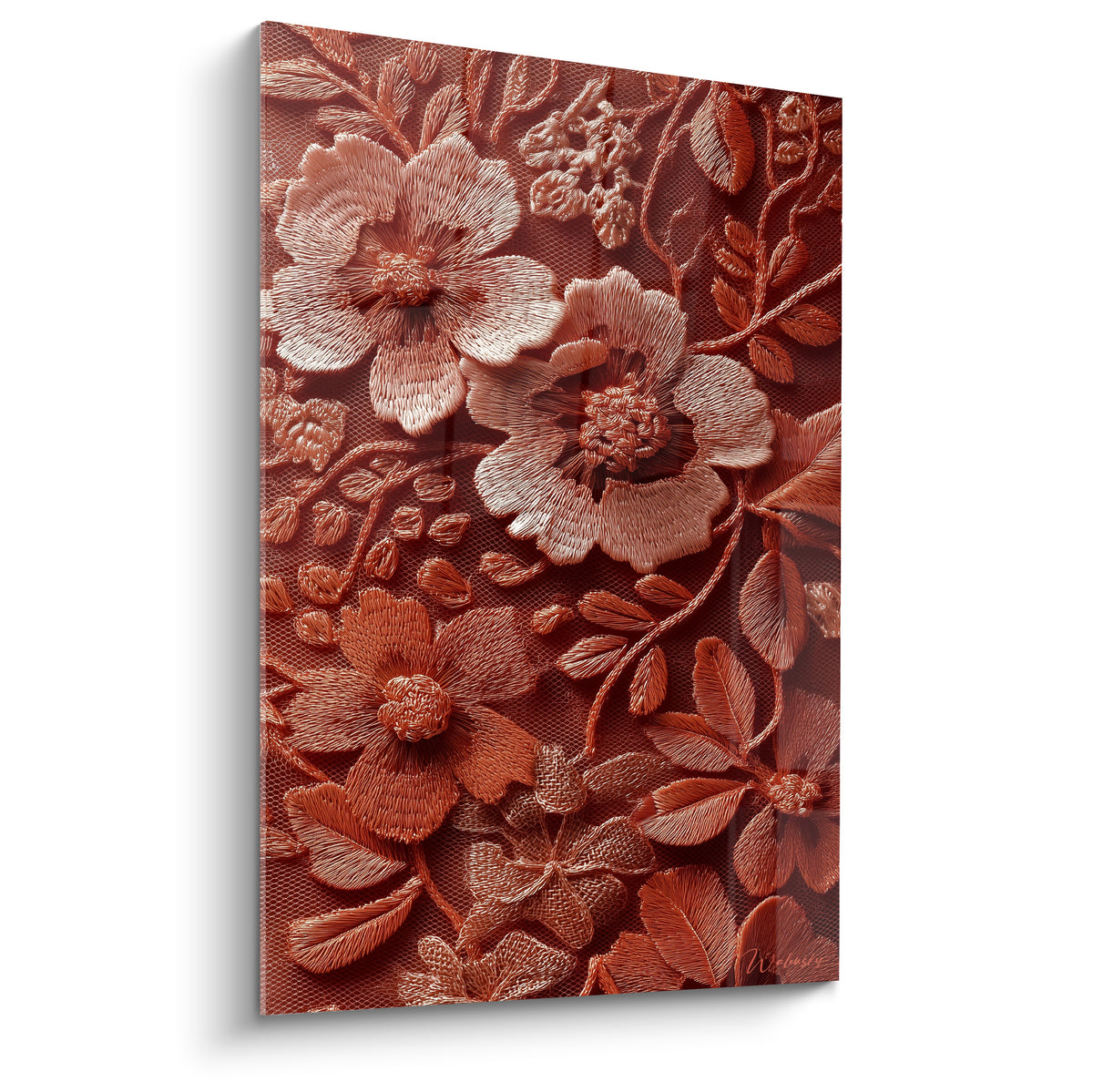 Fleurs brodées terracotta et rose poudré aux motifs floraux détaillés, texture riche et dense
