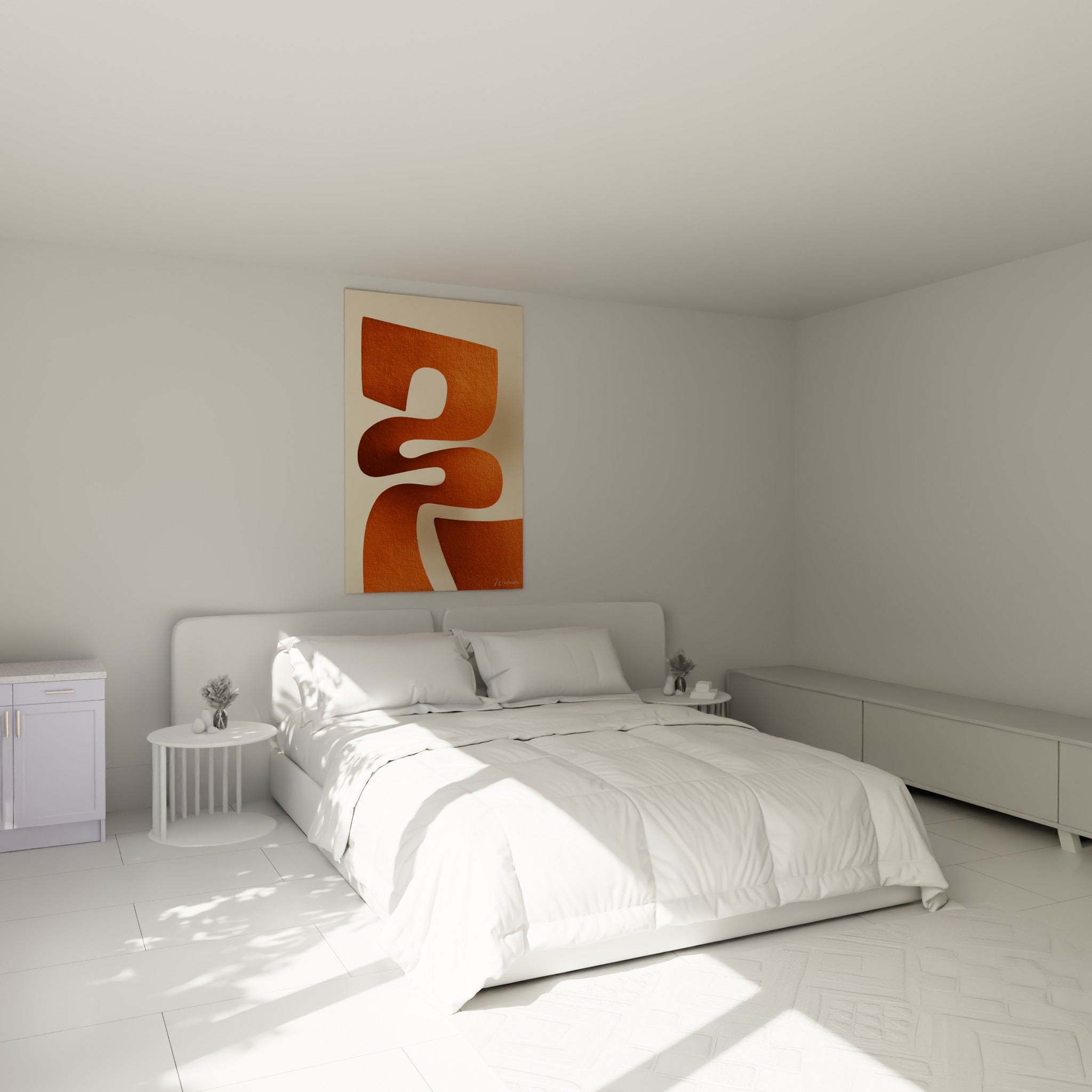 Silhouette orange brique et crème en mouvement, courbes fluides, accrochée au-dessus d'un lit dans une chambre claire