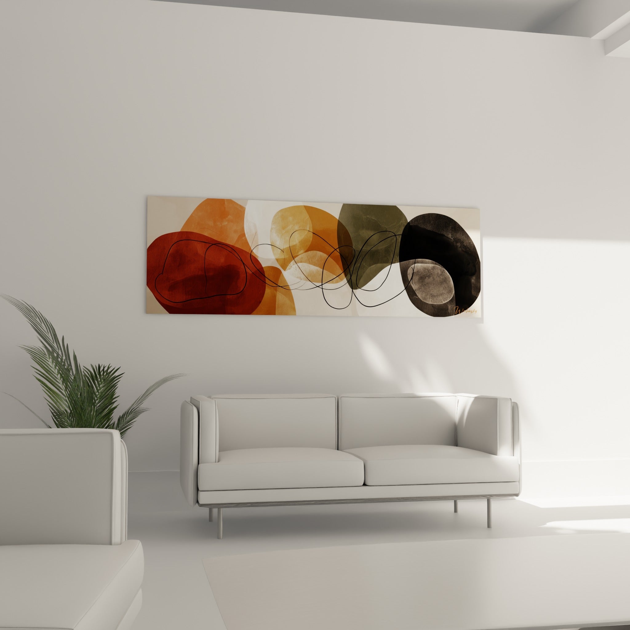 Compositions ovoïdes ocre et anthracite reliées par une ligne fine, au-dessus d'un canapé dans un salon lumineux
