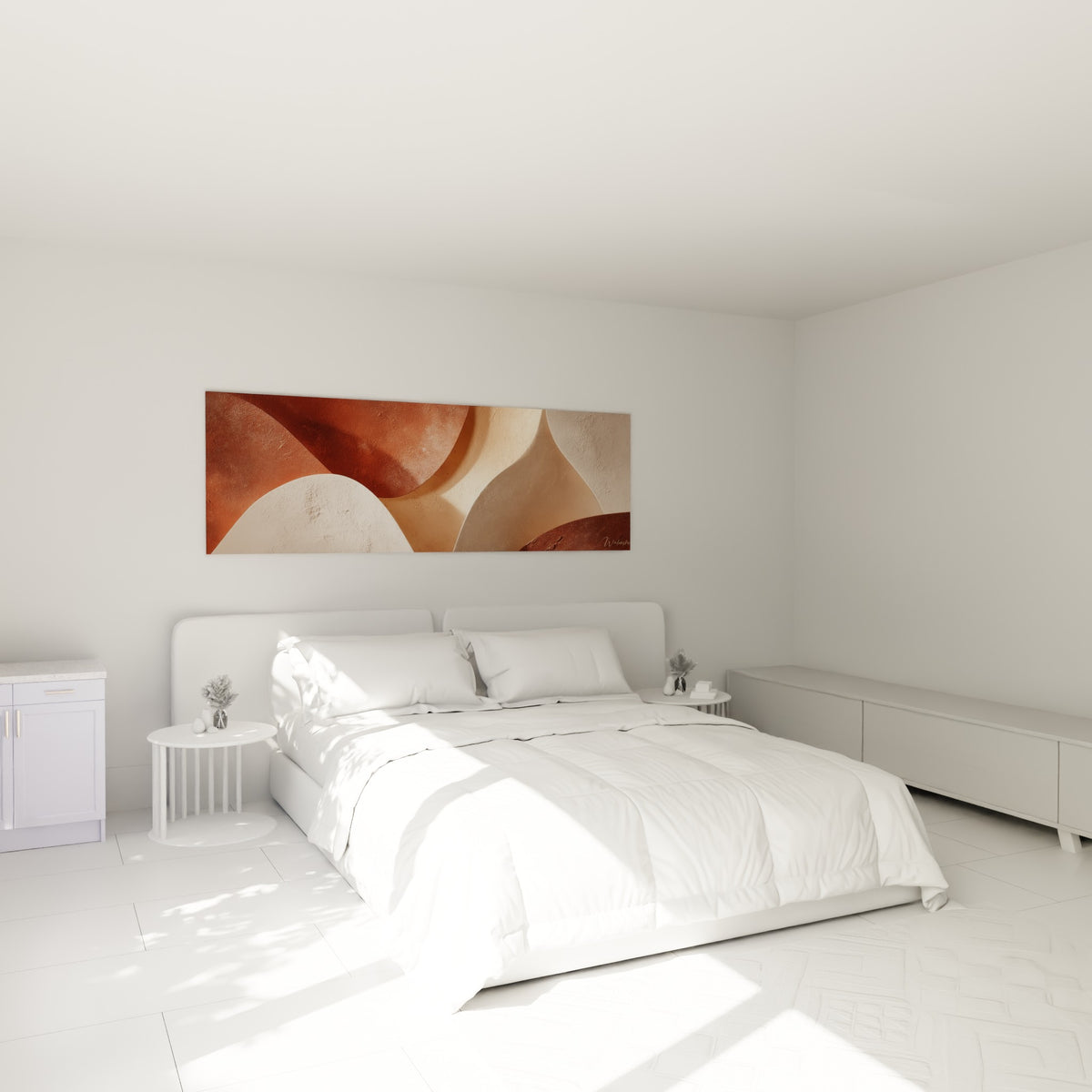 Formes ocre et beige aux ombres marquées, tableau architecture au-dessus d'un lit dans une chambre claire