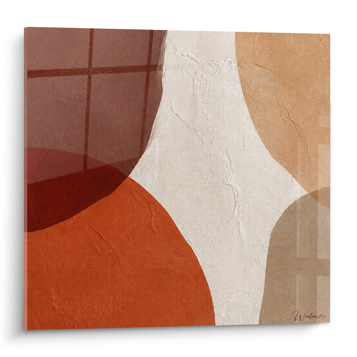 Formes arrondies terracotta, brun et ocre en composition minérale sur toile texturée