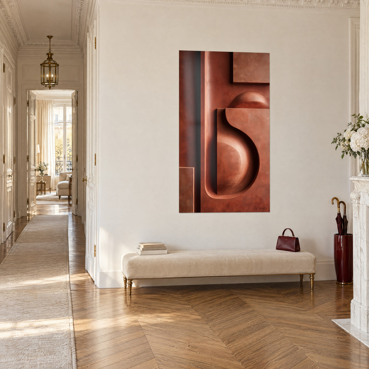 Wall art terracotta spiral relief, rust planes and deep brown shadows, in the hallway of a Haussmann apartment