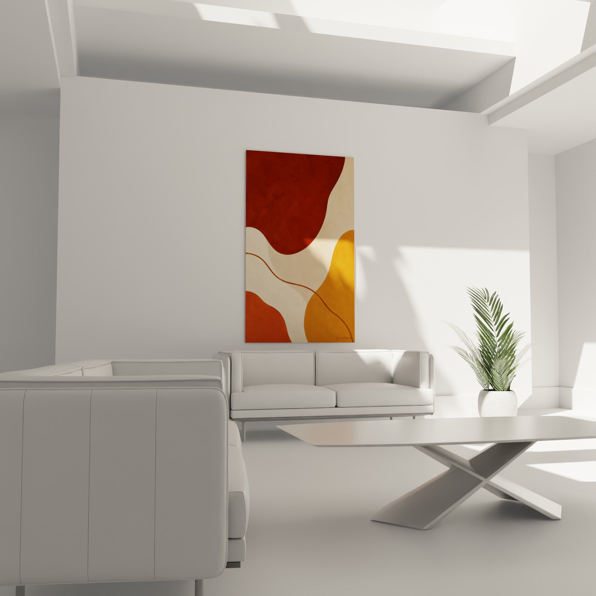 Formes ondulées ocre et crème du tableau Terracotta accrochées au-dessus d'un canapé dans un salon lumineux