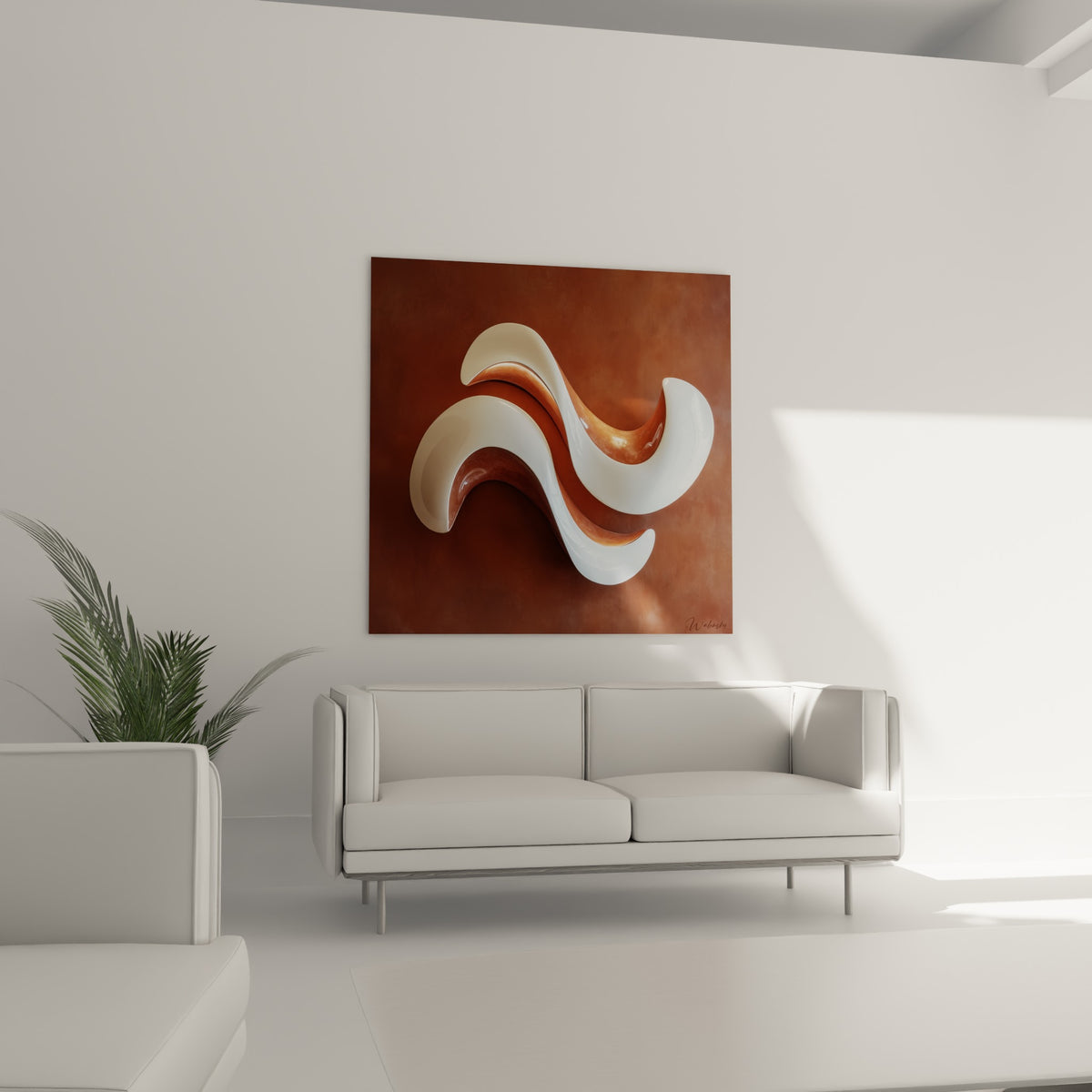 Formes ondulées blanches et terracotta se déployant, tableau au-dessus d'un canapé dans un salon lumineux