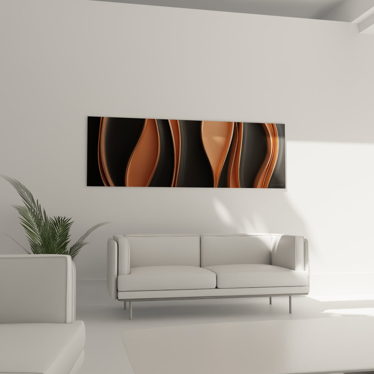 Vagues fluides orangées et sombres structurent ce tableau abstrait cuivré au-dessus d'un canapé dans un salon lumineux