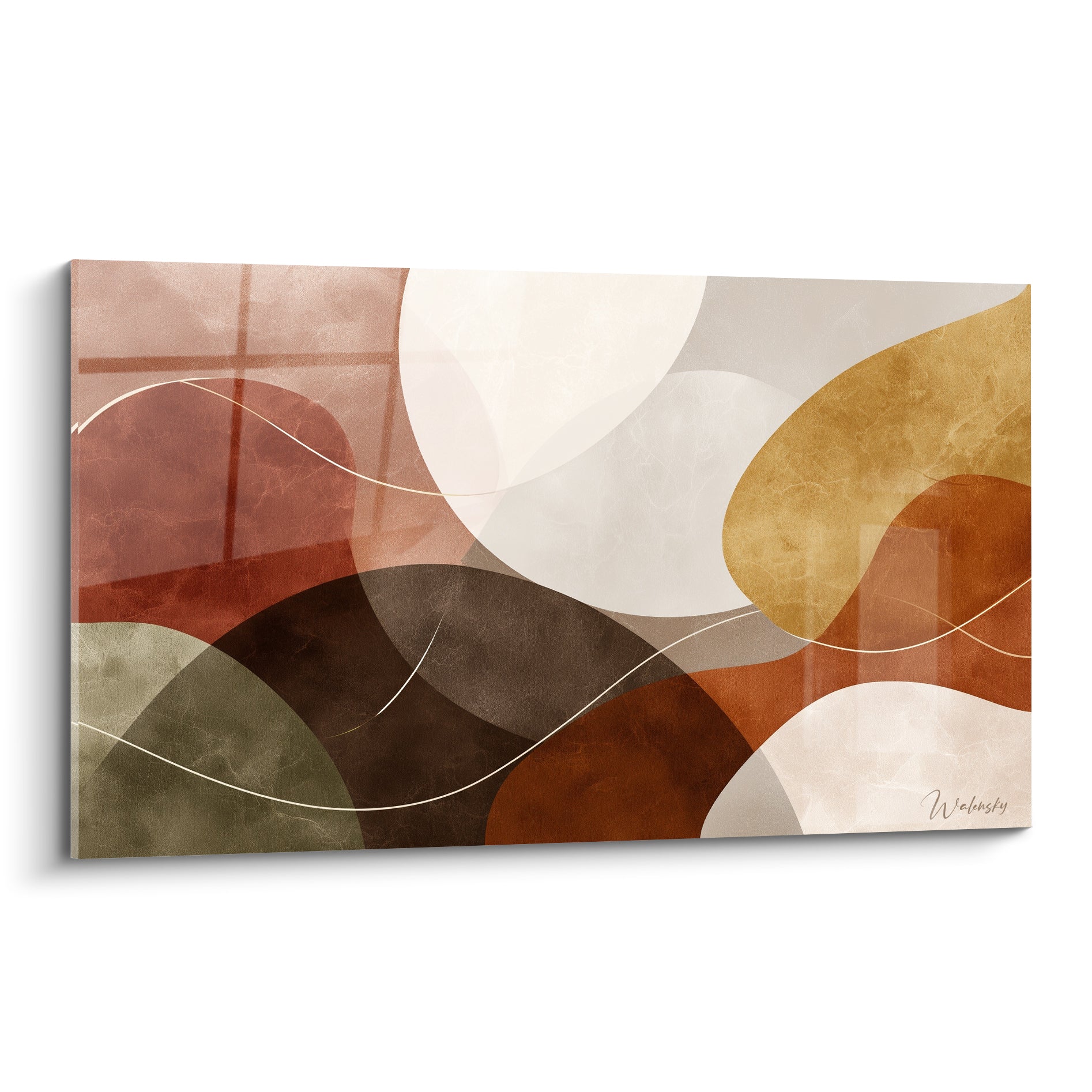 Formes organiques brique, ocre doré et anthracite composant un paysage abstrait sur toile texturée