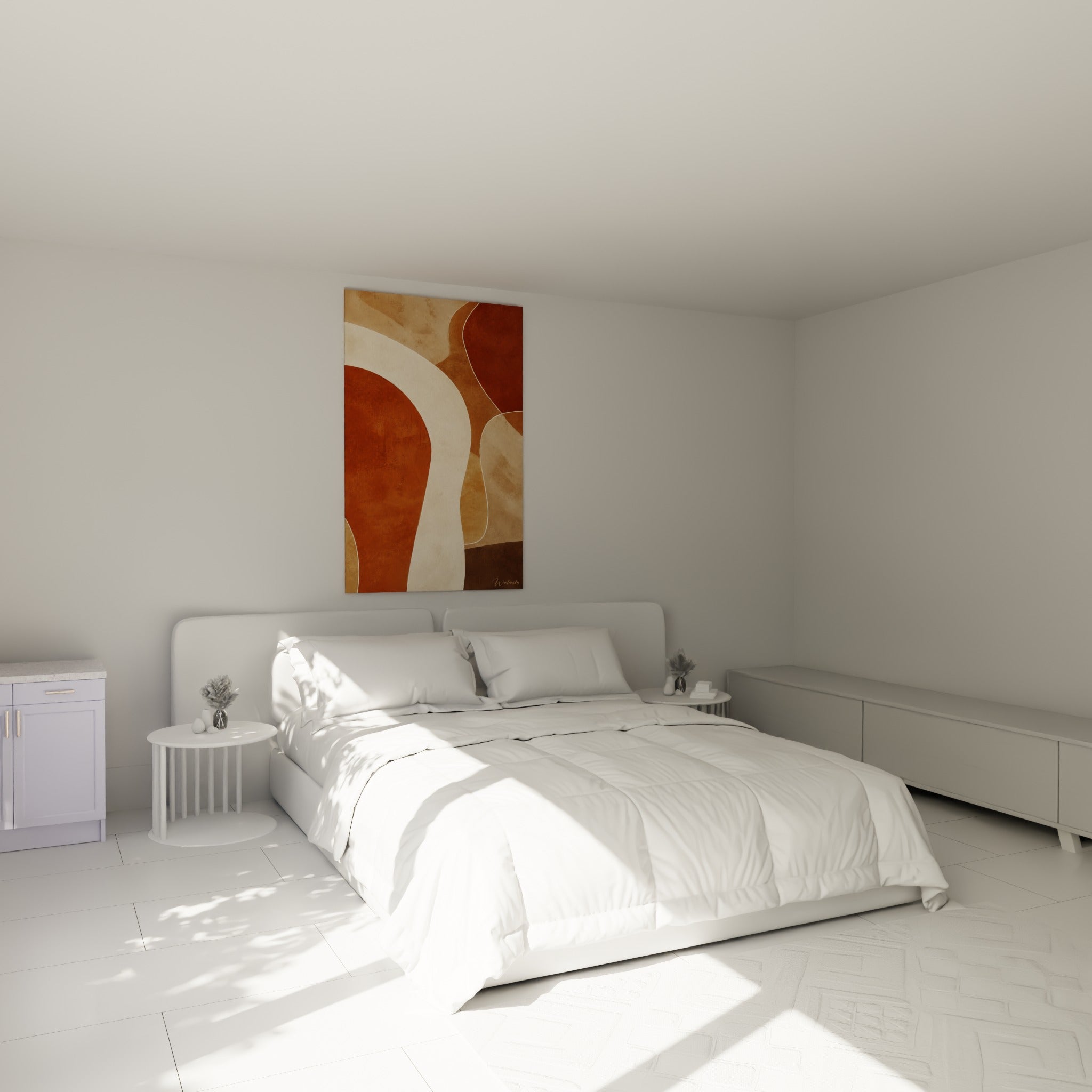 Formes sinueuses terracotta et beige sable ornent la toile suspendue au-dessus d'un lit dans une chambre claire.