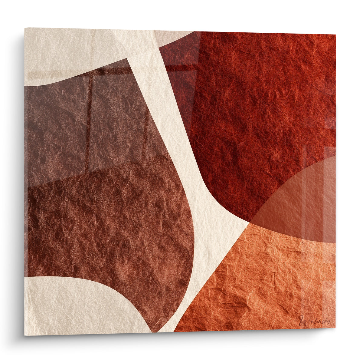 Formes organiques terracotta rouge brique et crème sur toile texturée façon papier froissé