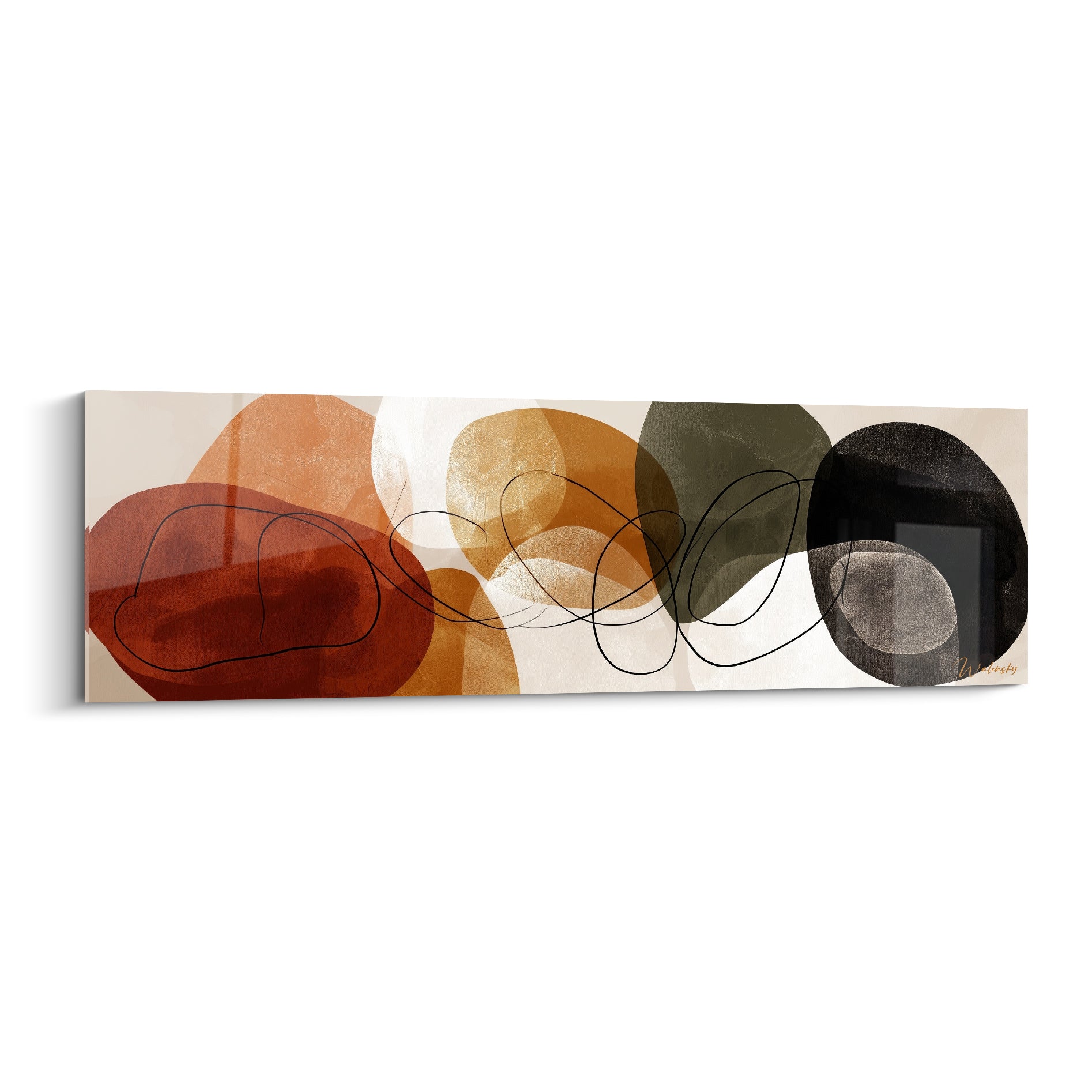 Formes ovales terracotta, ocre et anthracite superposées, reliées par un trait noir sinueux sur fond crème