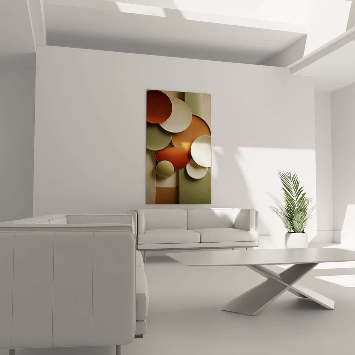 Formes rondes crème et orangées, tableau Terracotta accroché au-dessus d'un canapé dans un salon lumineux