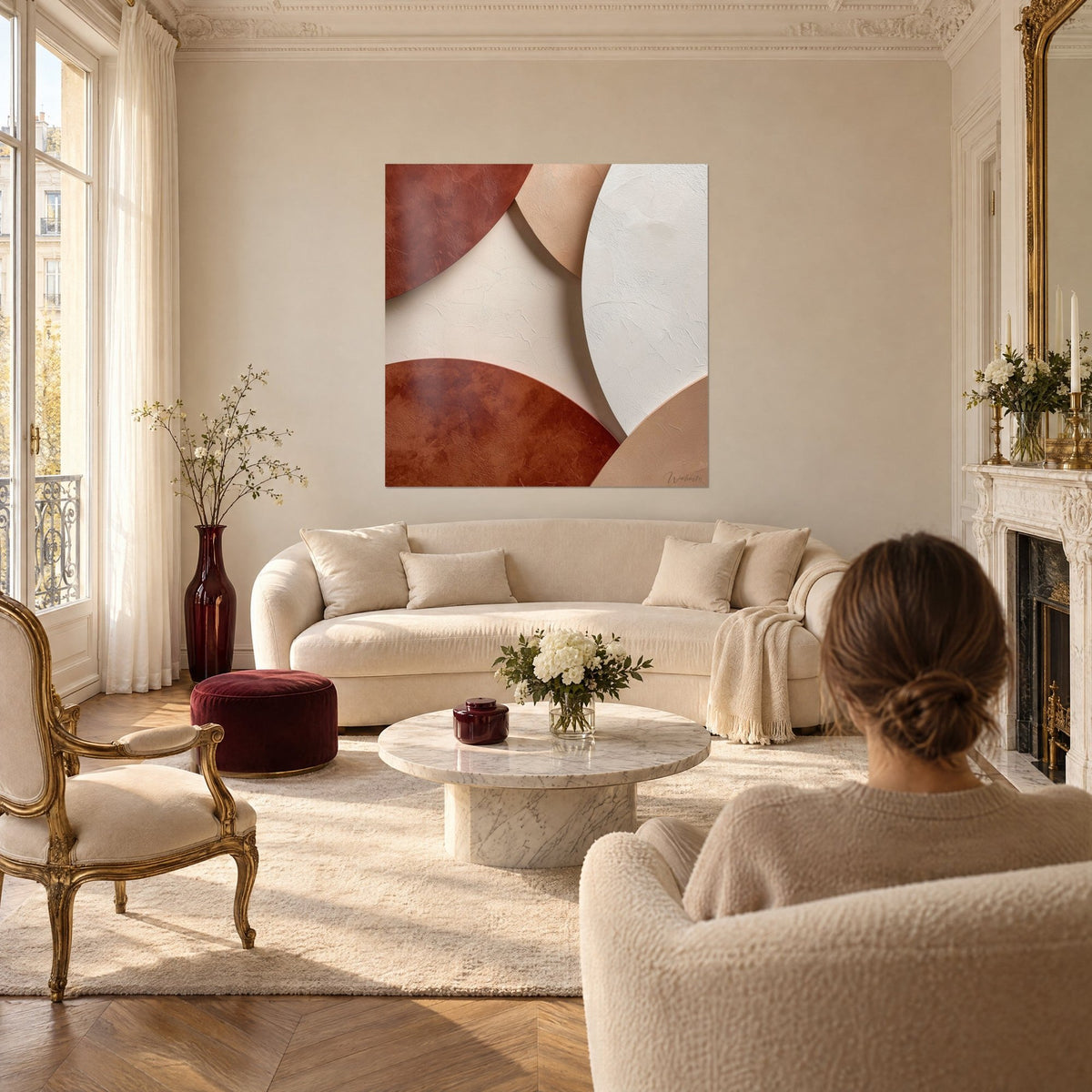 Quadro con dischi terracotta e bianco crema dalle texture a intonaco, una donna di spalle sopra un divano in un soggiorno luminoso