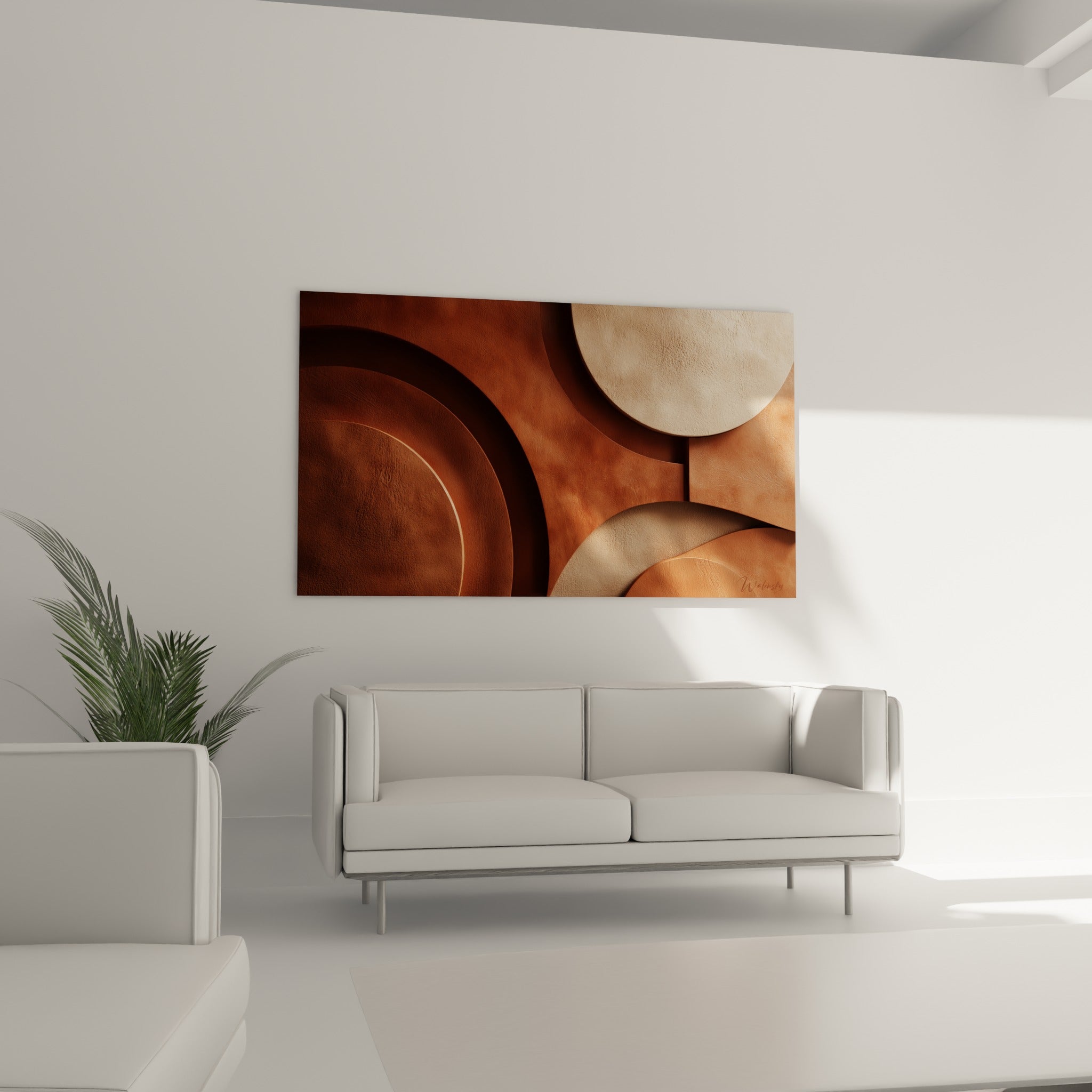 Formes rondes ocre et sable aux reliefs marqués, disposées au-dessus d'un canapé dans un salon lumineux