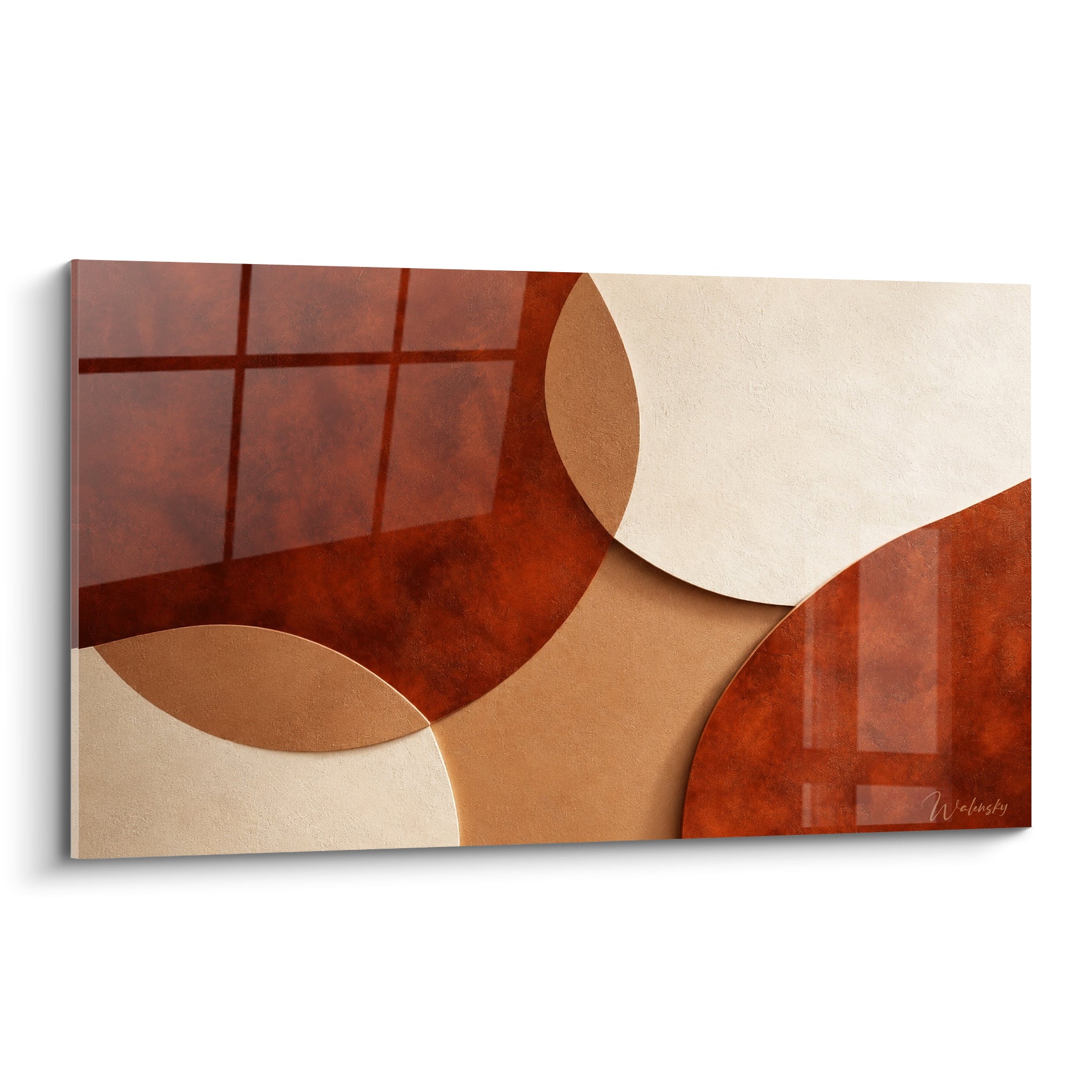 Formes rondes terracotta et crème entrelacées, composition abstraite aux tons rouille et camel texturés