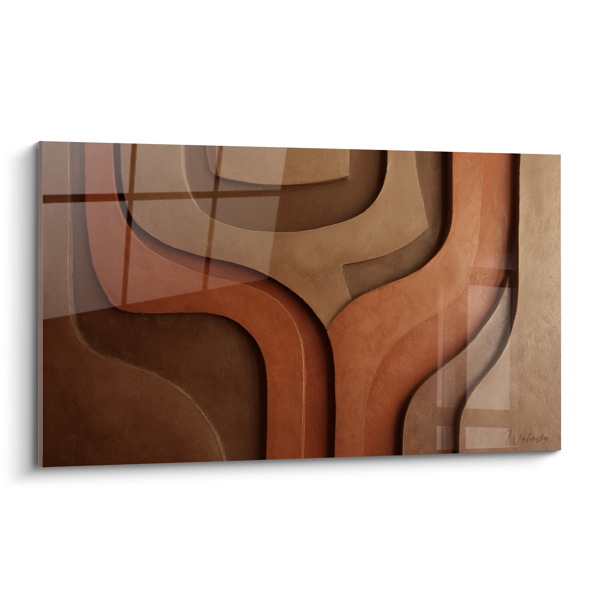 Formes sinueuses terracotta en relief brun, ocre et beige sculptées sur toile abstraite