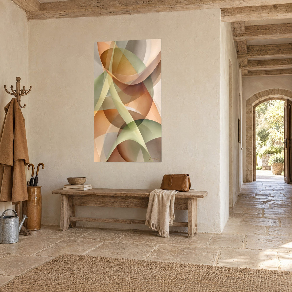 Tableau voiles entrelacés terracotta et vert olive, arches ovales superposées, accroché dans un couloir de pierre, maison de campagne